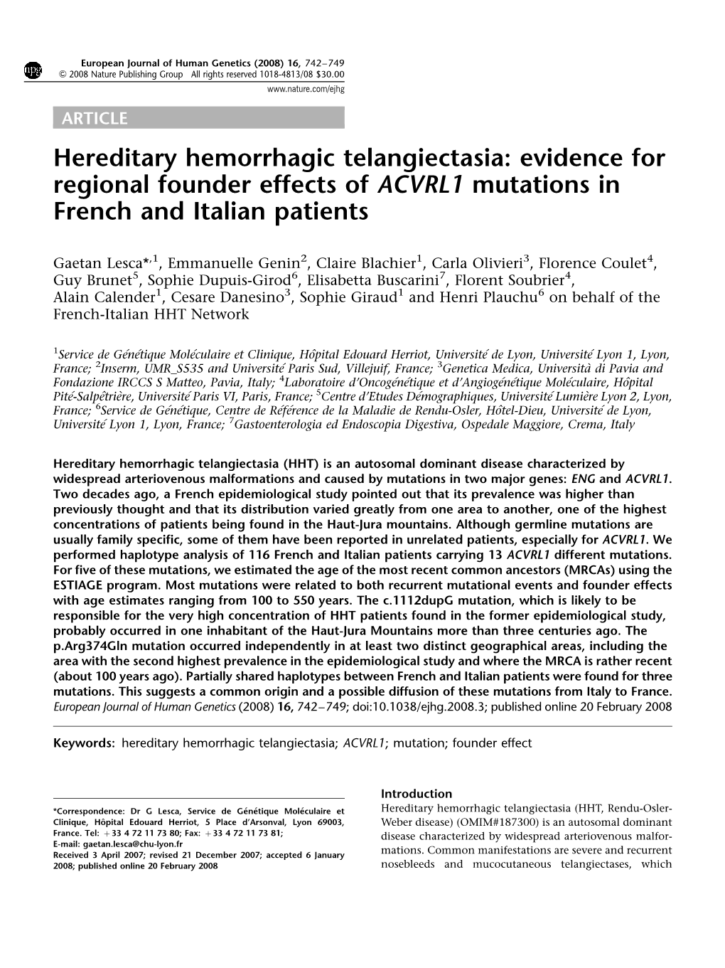 Evidence for Regional Founder Effects of ACVRL1 Mutations in French and Italian Patients