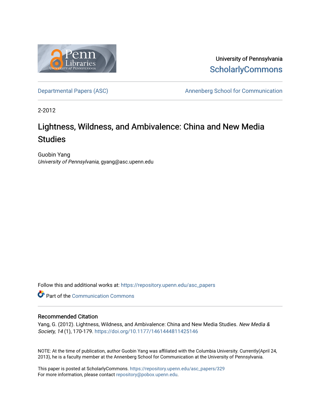 Lightness, Wildness, and Ambivalence: China and New Media Studies