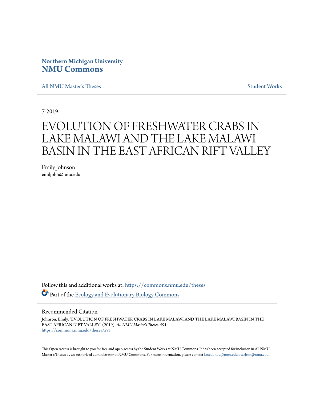 EVOLUTION of FRESHWATER CRABS in LAKE MALAWI and the LAKE MALAWI BASIN in the EAST AFRICAN RIFT VALLEY Emily Johnson Emiljohn@Nmu.Edu