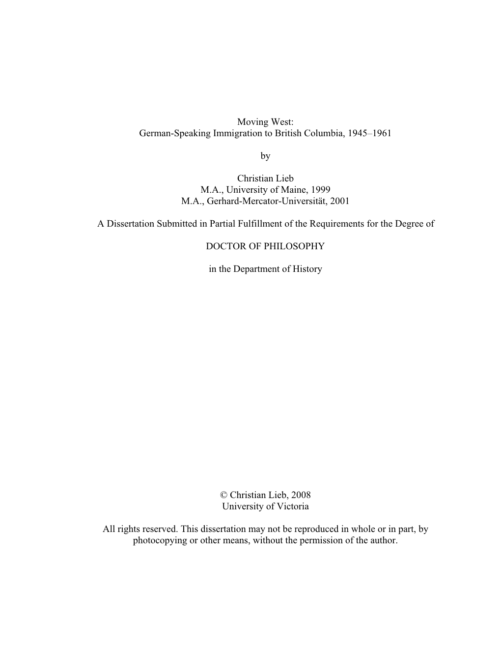 Moving West: German-Speaking Immigration to British Columbia, 1945–1961