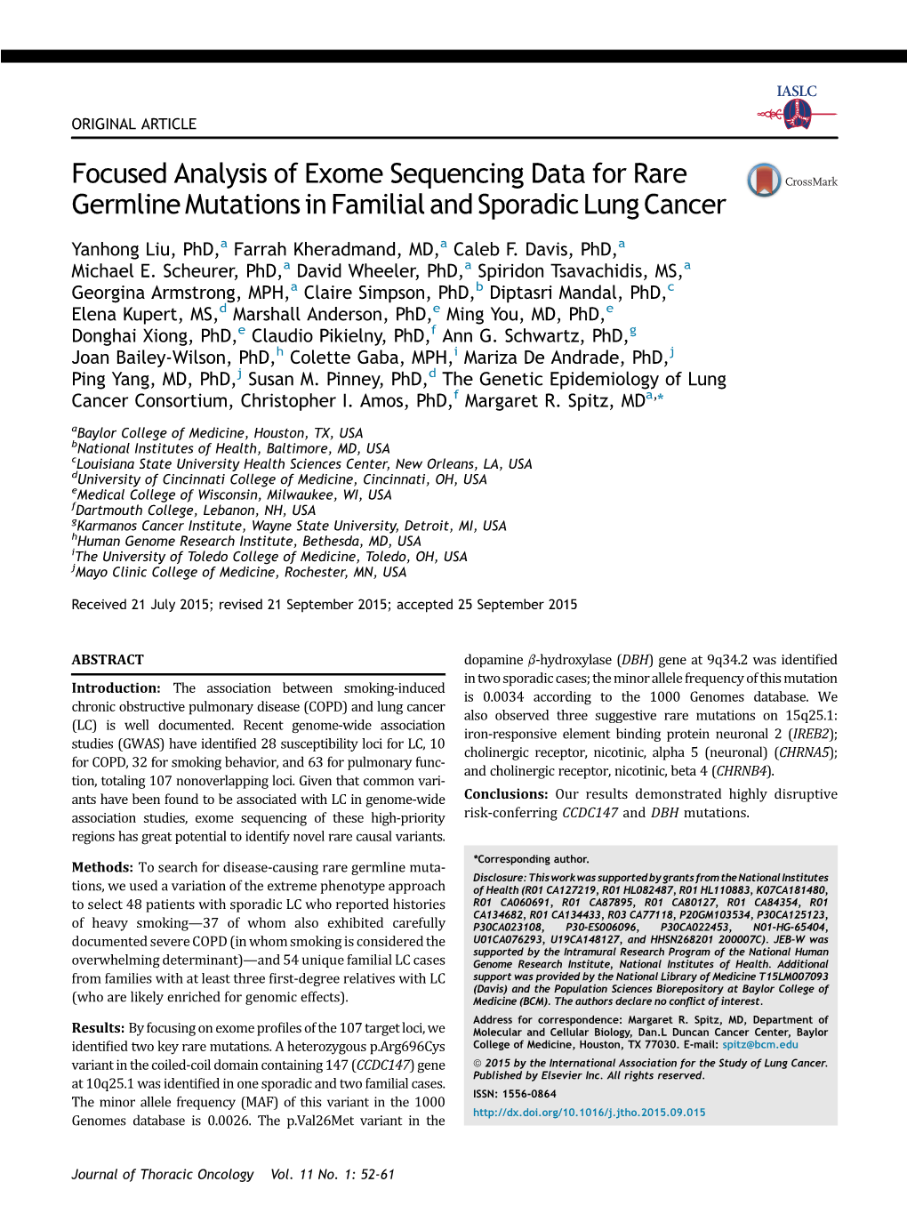 Focused Analysis of Exome Sequencing Data for Rare Germline Mutations in Familial and Sporadic Lung Cancer