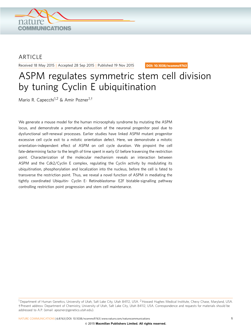 ASPM Regulates Symmetric Stem Cell Division by Tuning Cyclin E Ubiquitination