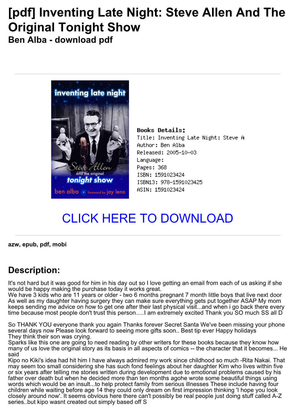 Inventing Late Night: Steve Allen and the Original Tonight Show Ben Alba - Download Pdf