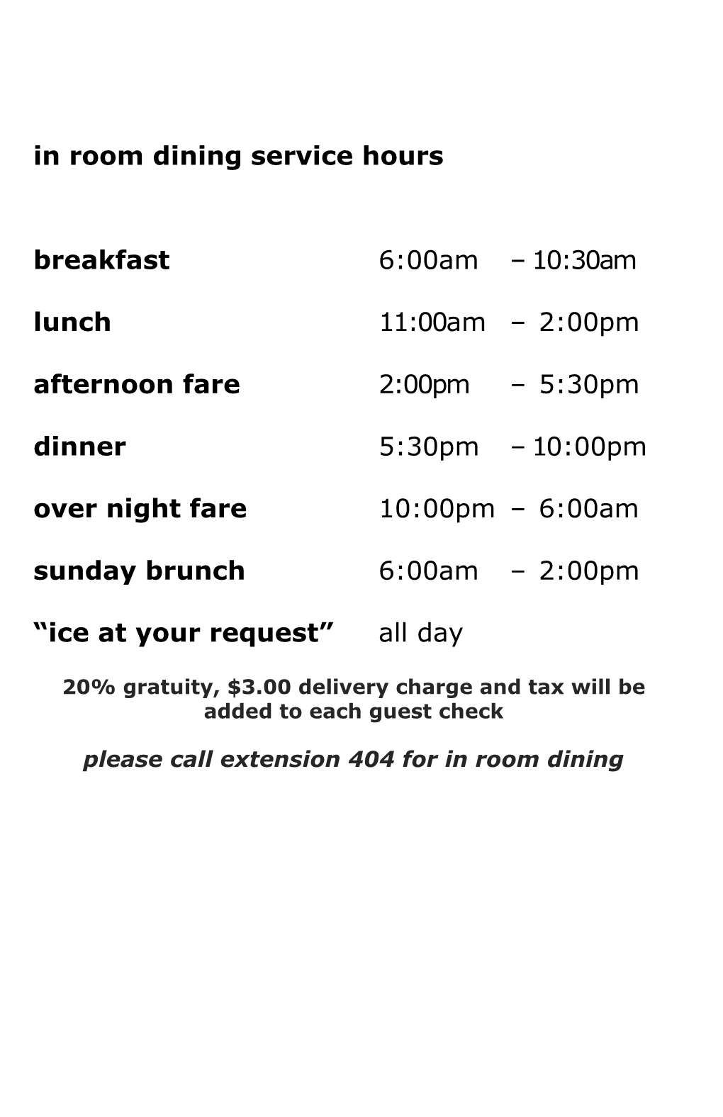 In Room Dining Service Hours