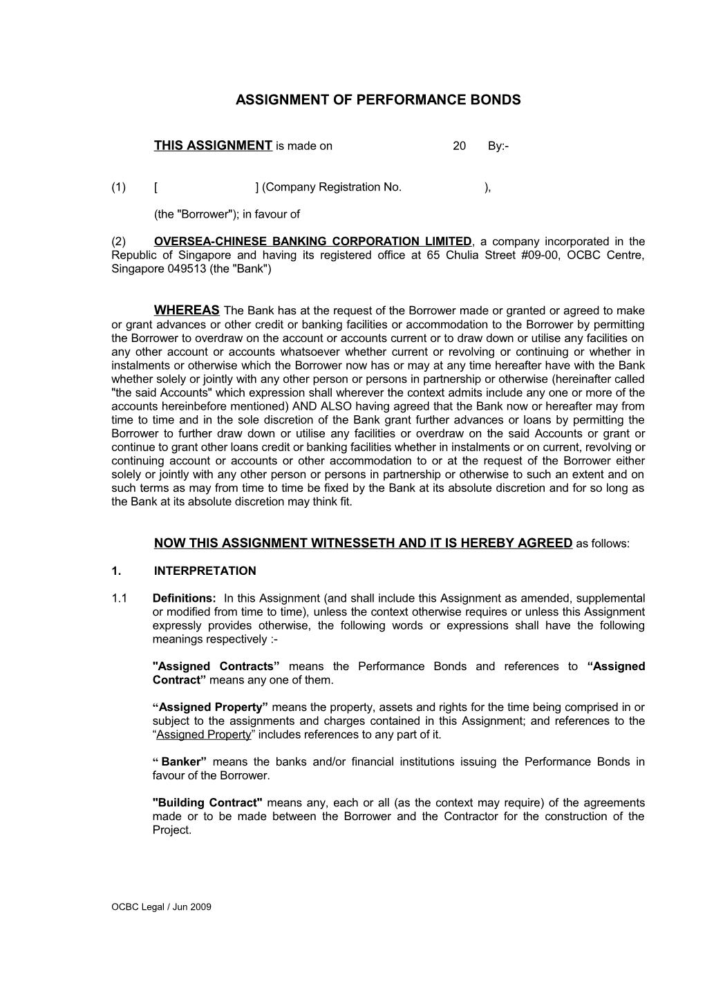 Assignment of Building Contracts and Performance Bonds