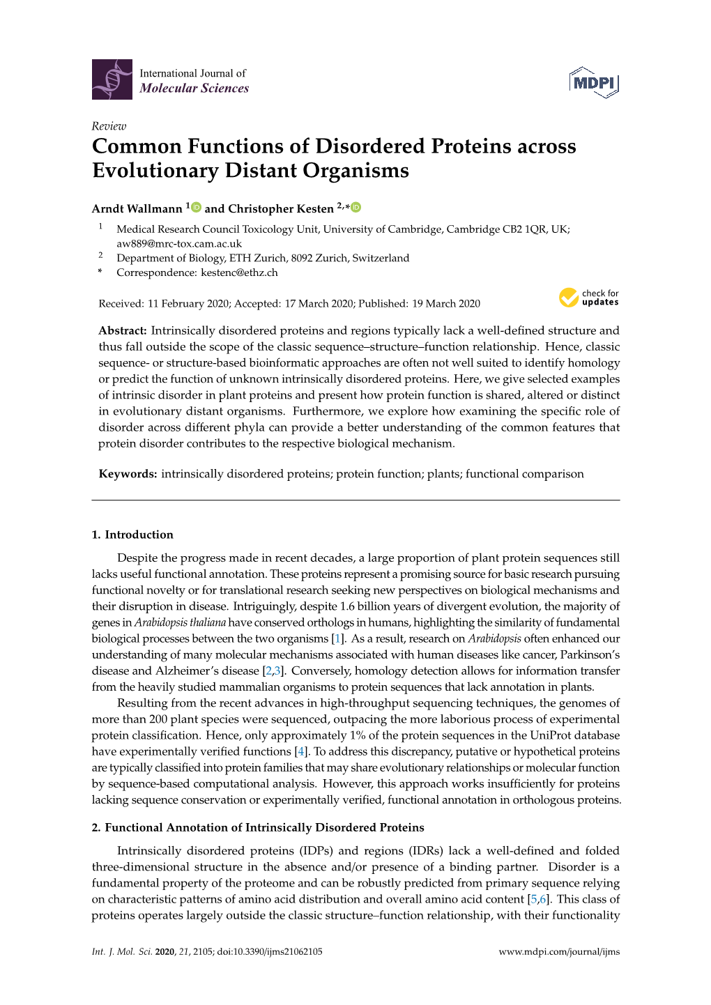 Common Functions of Disordered Proteins Across Evolutionary Distant Organisms