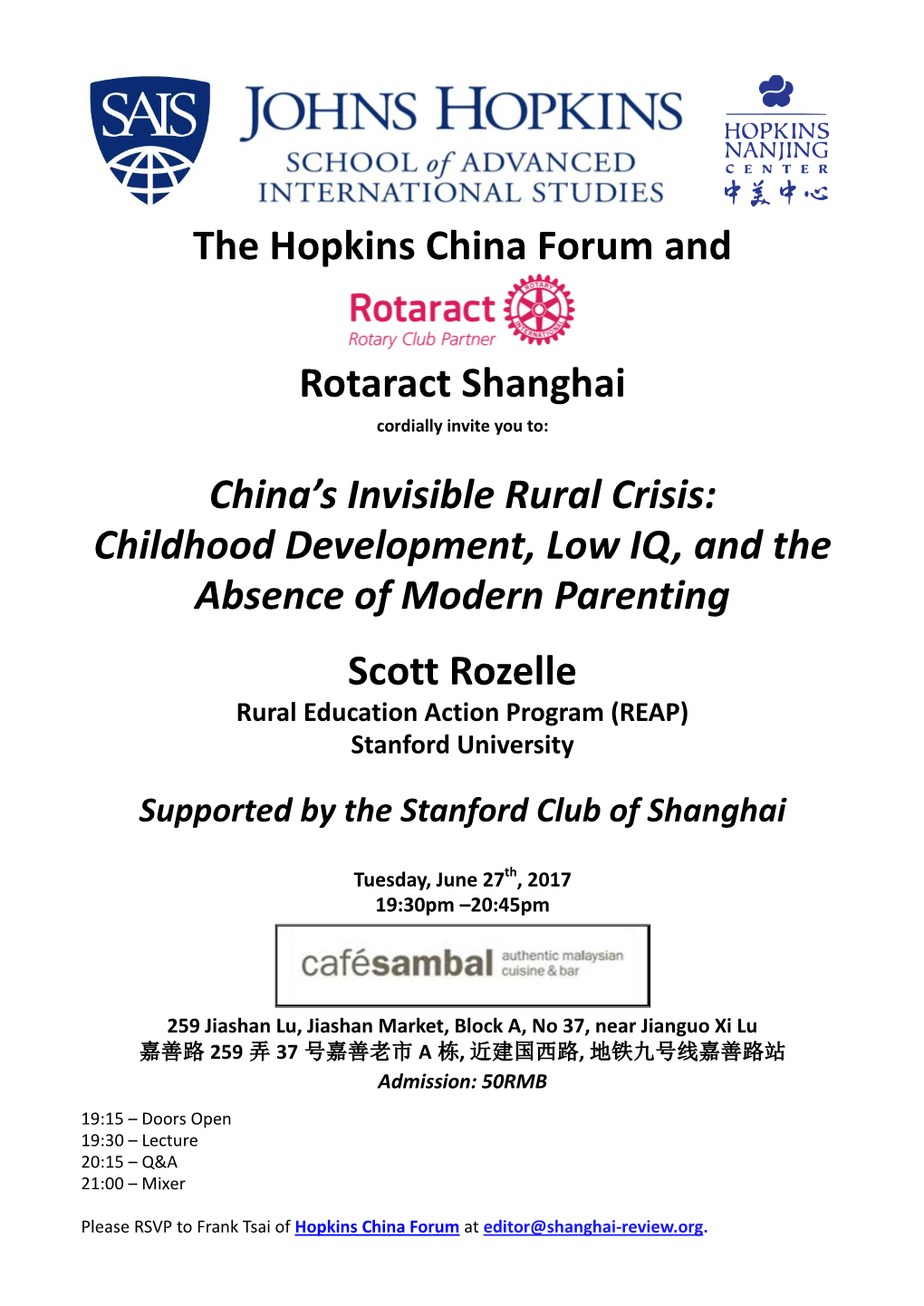 The Hopkins China Forum and Rotaract Shanghai China's Invisible