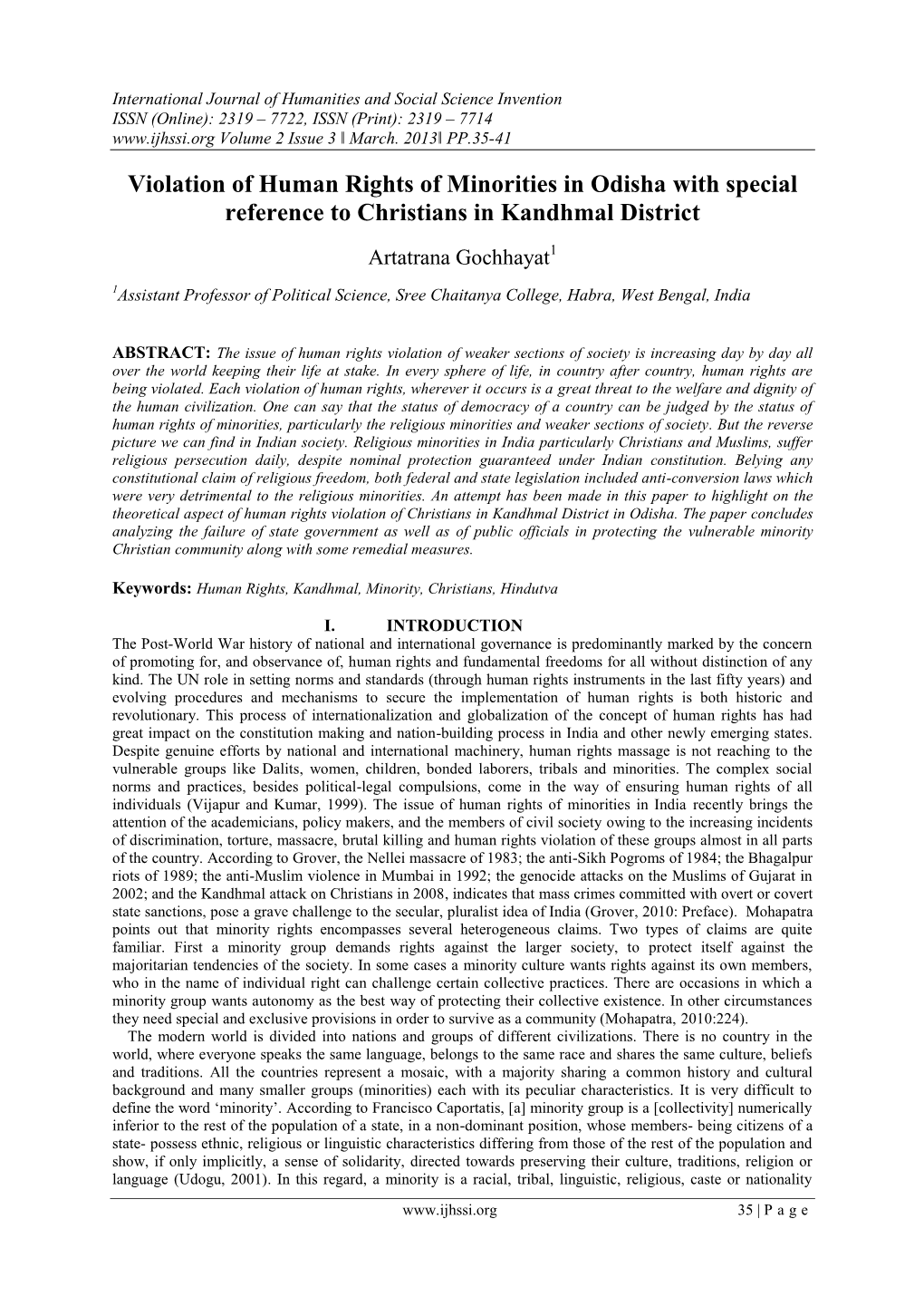 Violation of Human Rights of Minorities in Odisha with Special Reference to Christians in Kandhmal District Artatrana Gochhayat1