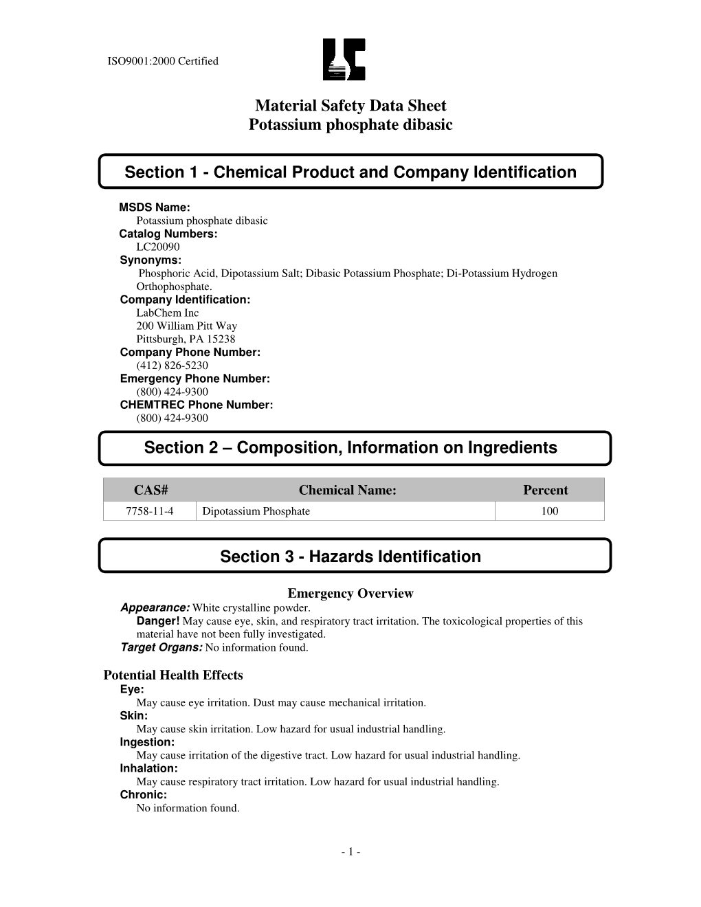 Material Safety Data Sheet Potassium Phosphate Dibasic