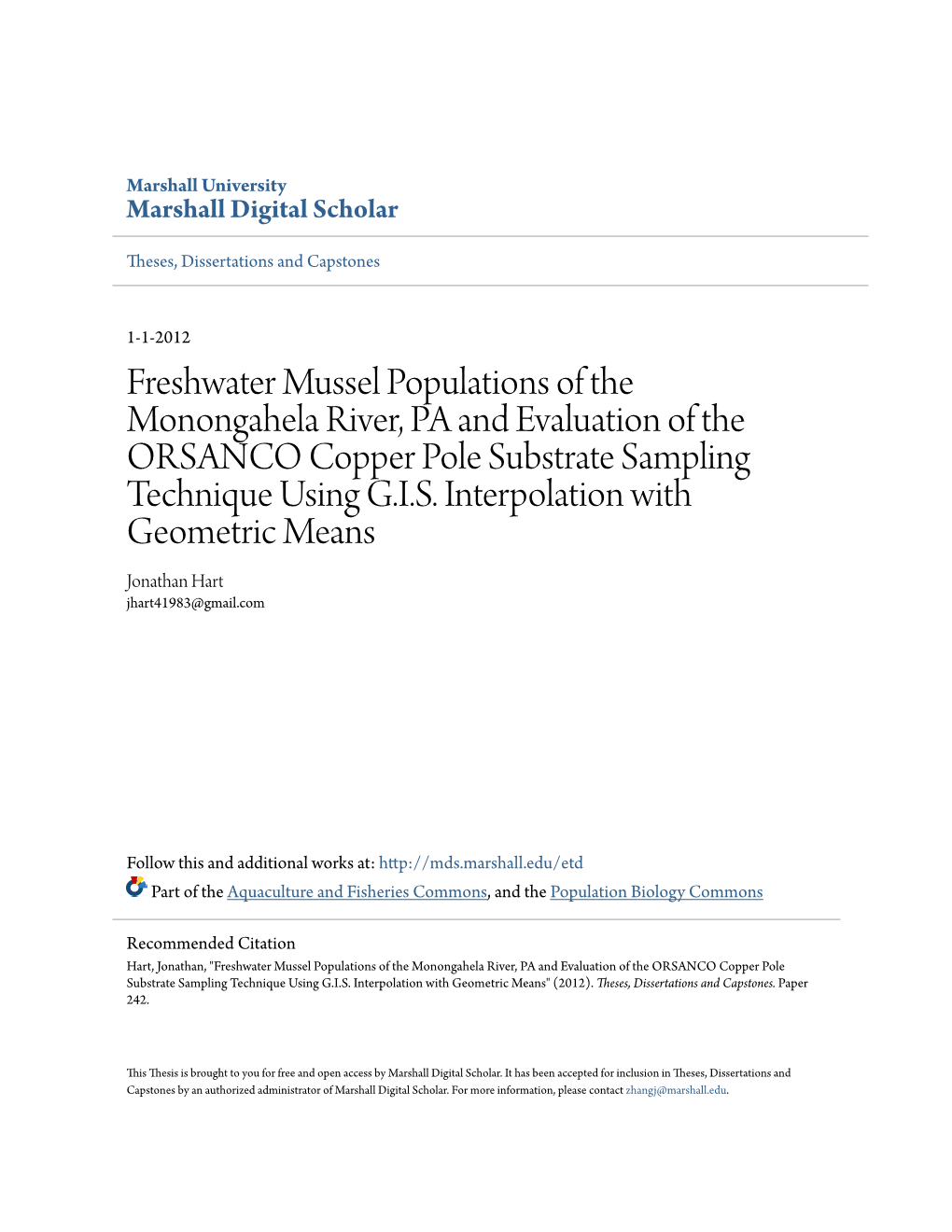 Freshwater Mussel Populations of the Monongahela River, PA and Evaluation of the ORSANCO Copper Pole Substrate Sampling Technique Using G.I.S