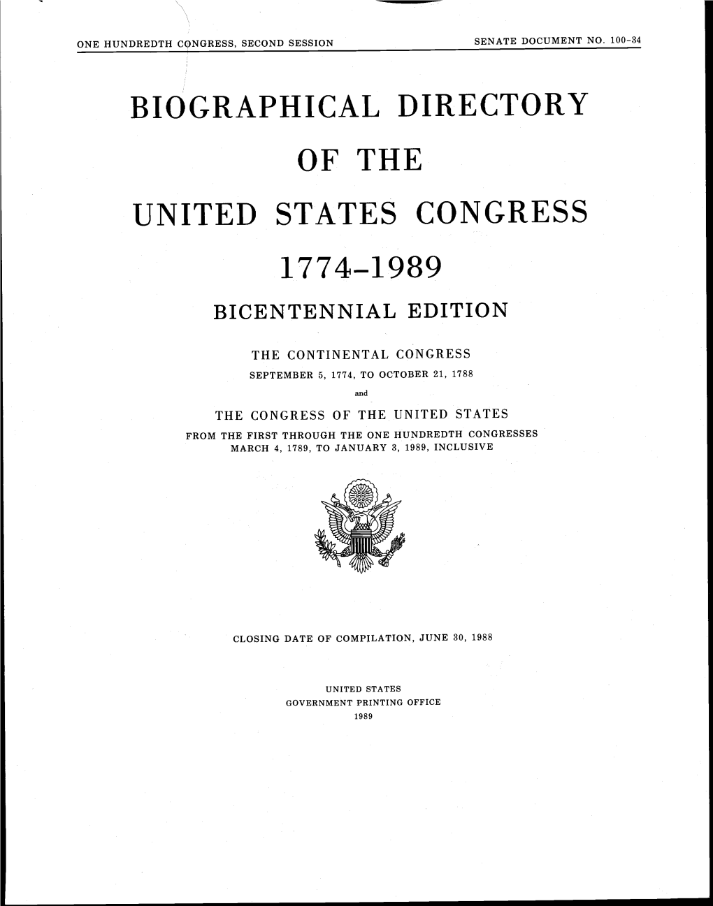 Of the United States Congress 1774-1989 Bicentennial Edition