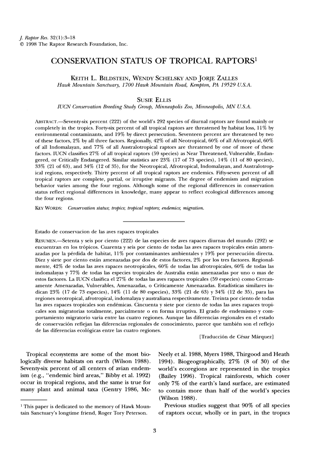 CONSERVATION STATUS of TROPICAL RAPTORS I