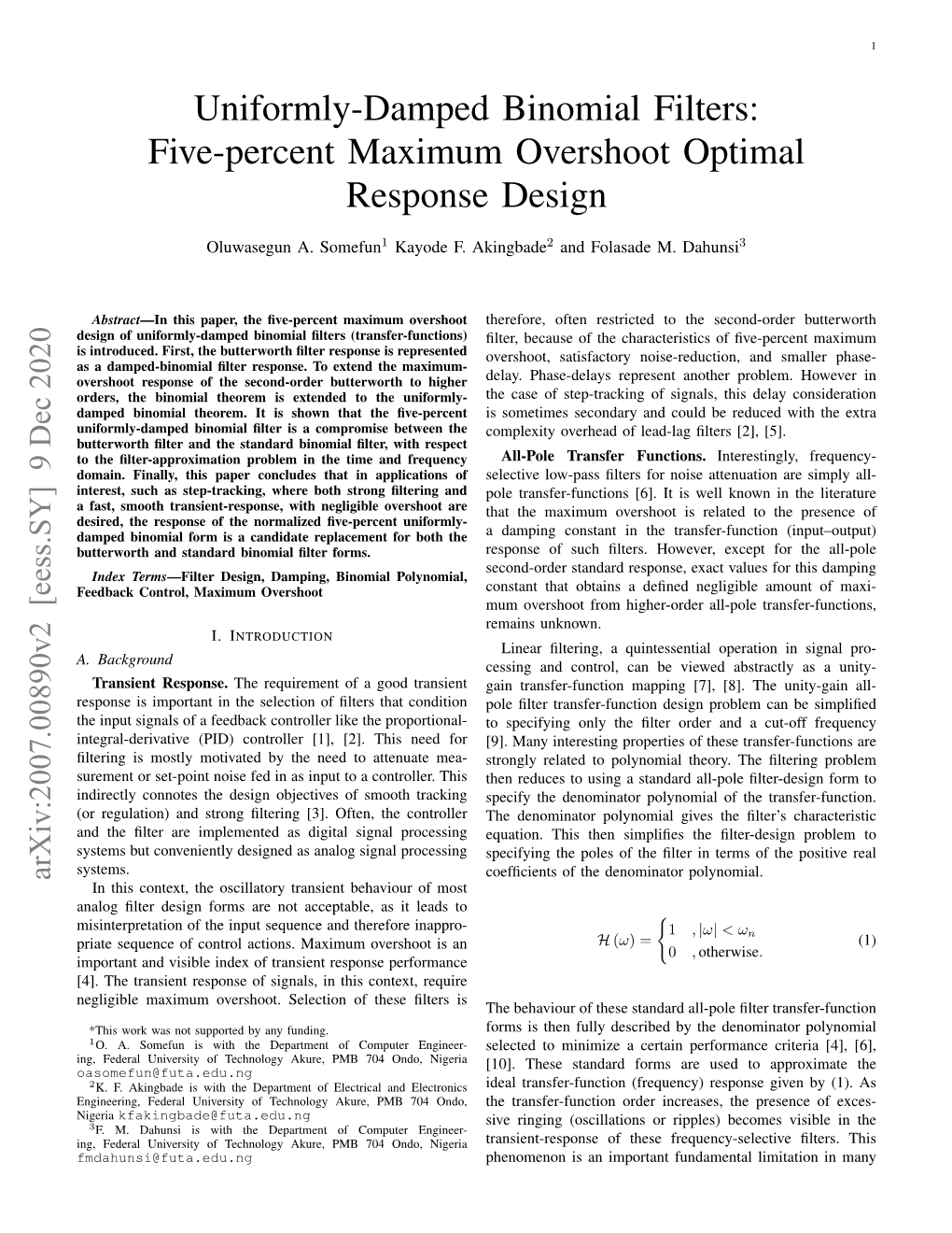 Uniformly-Damped Binomial Filters: Five-Percent Maximum Overshoot Optimal Response Design