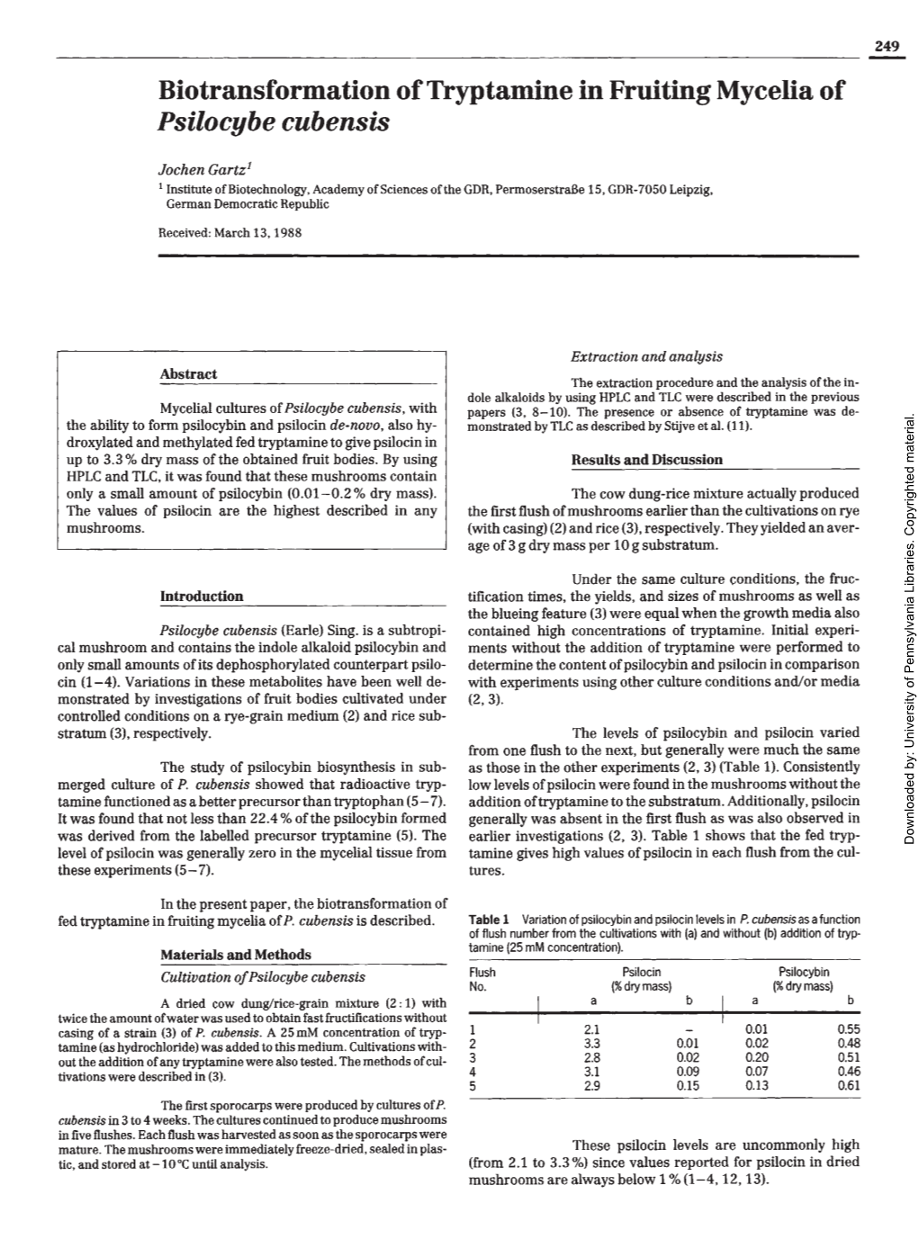 Biotransformation of Tryptamine in Fruiting Mycelia of Psilocybe Cubensis