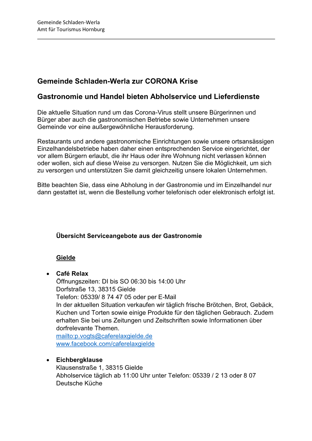 Gemeinde Schladen-Werla Zur CORONA Krise Gastronomie Und