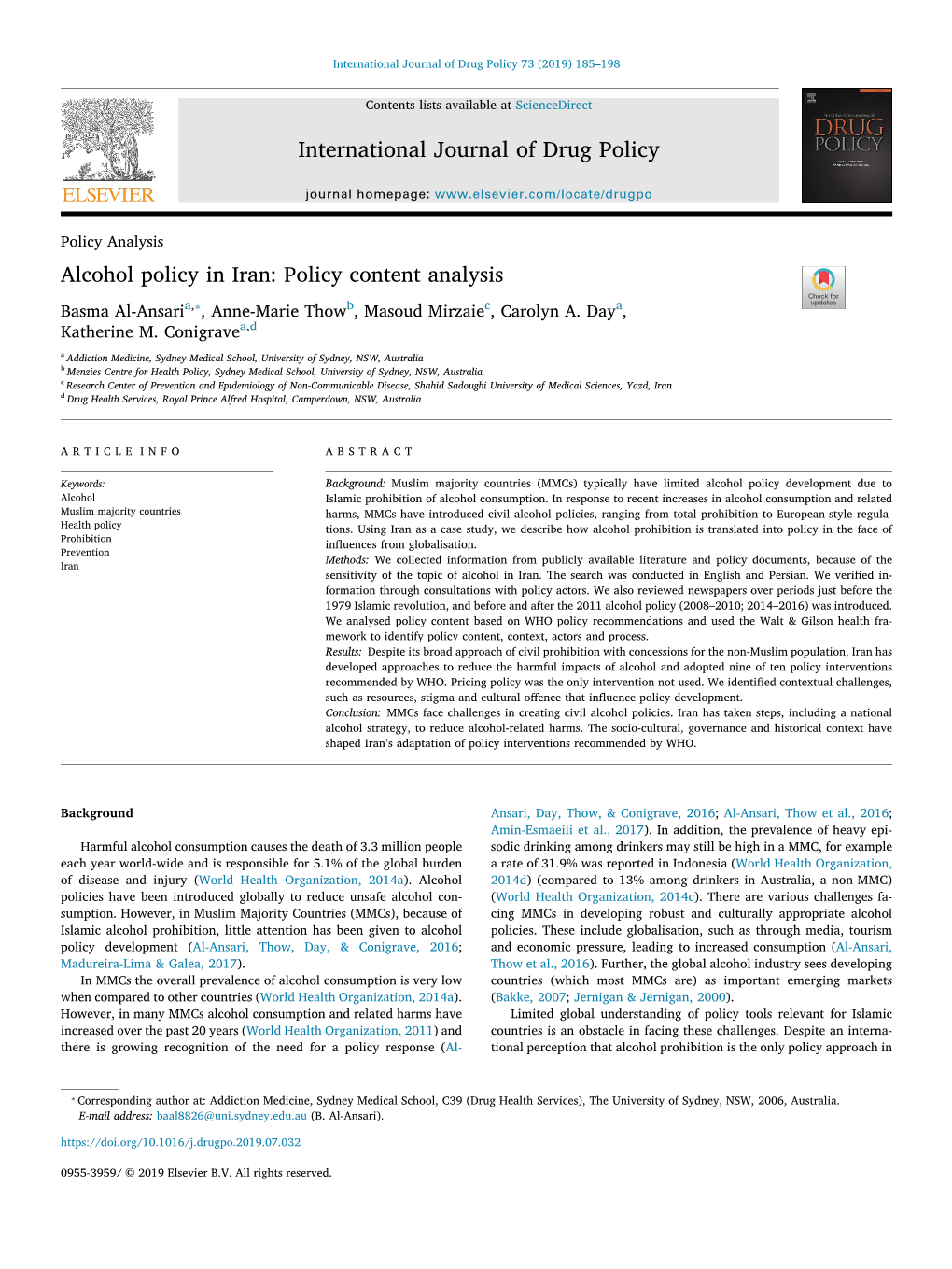 Alcohol Policy in Iran Policy Content Analysis