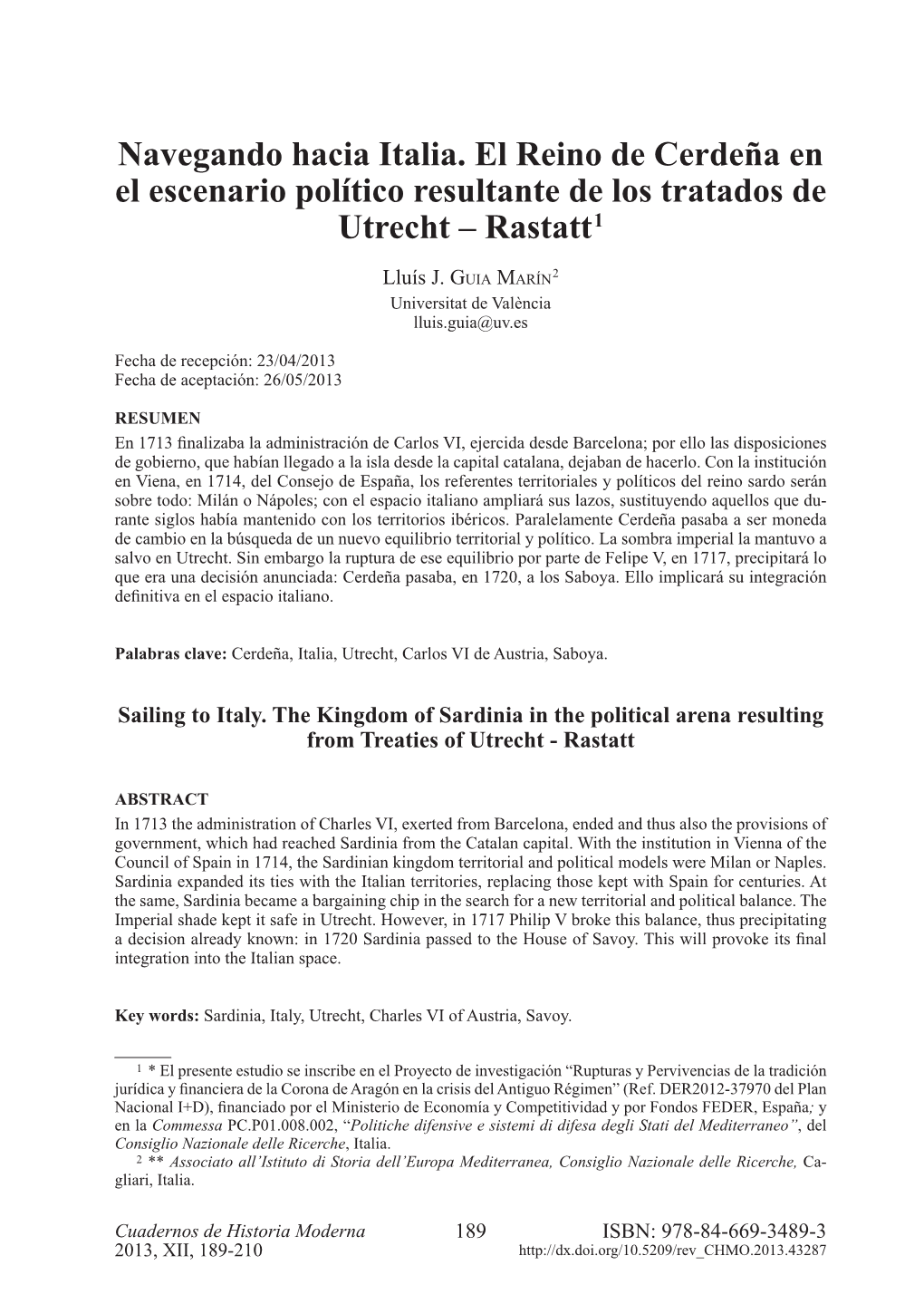 Navegando Hacia Italia. El Reino De Cerdeña En El Escenario Político Resultante De Los Tratados De Utrecht – Rastatt 1