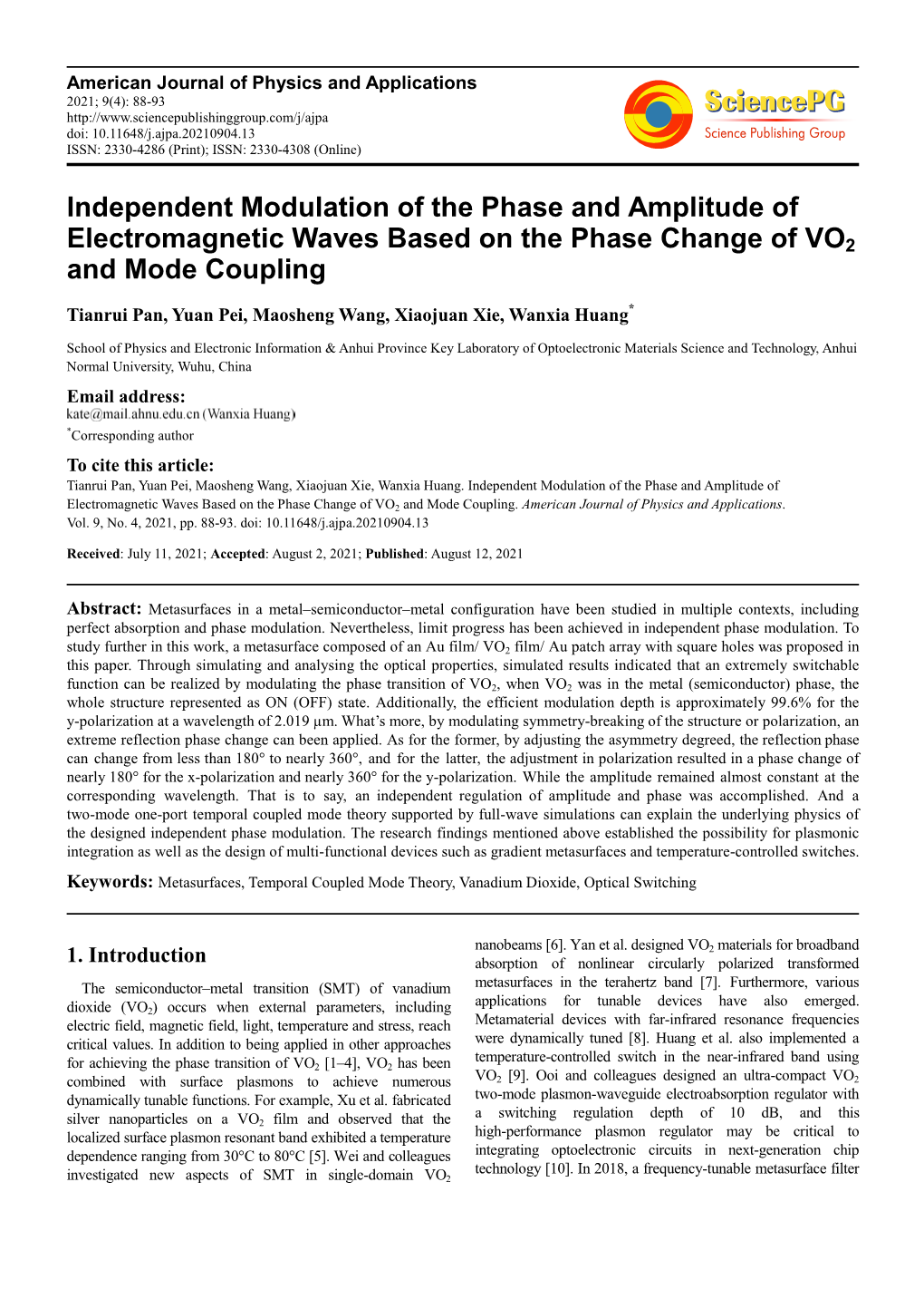 Independent Modulation of the Phase and Amplitude of Electromagnetic Waves Based on the Phase Change of VO 2 and Mode Coupling