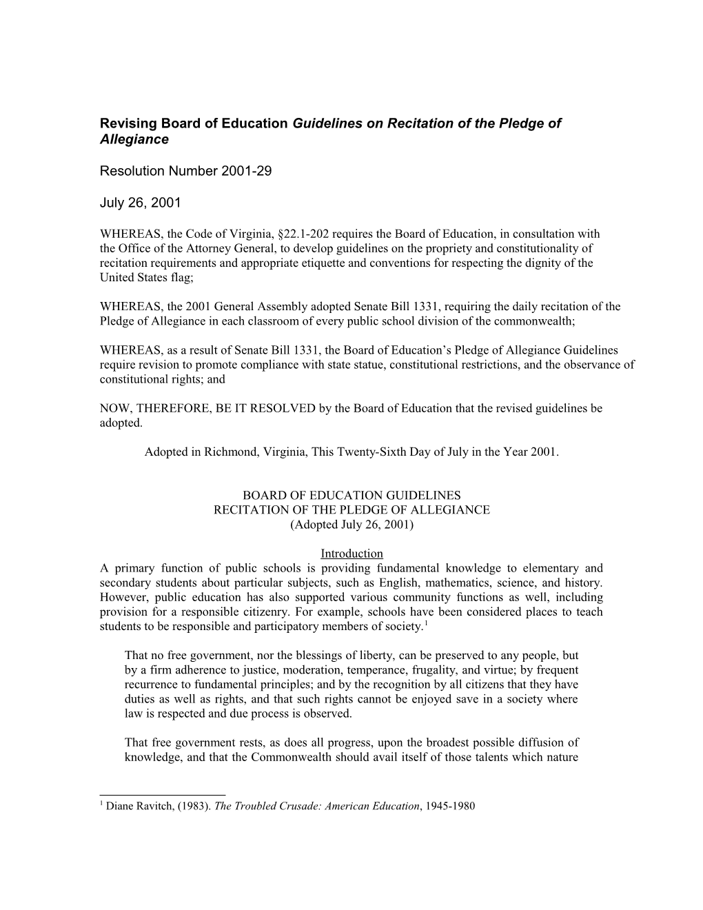 Revising Board of Education Guidelines on Recitation of the Pledge of Allegiance