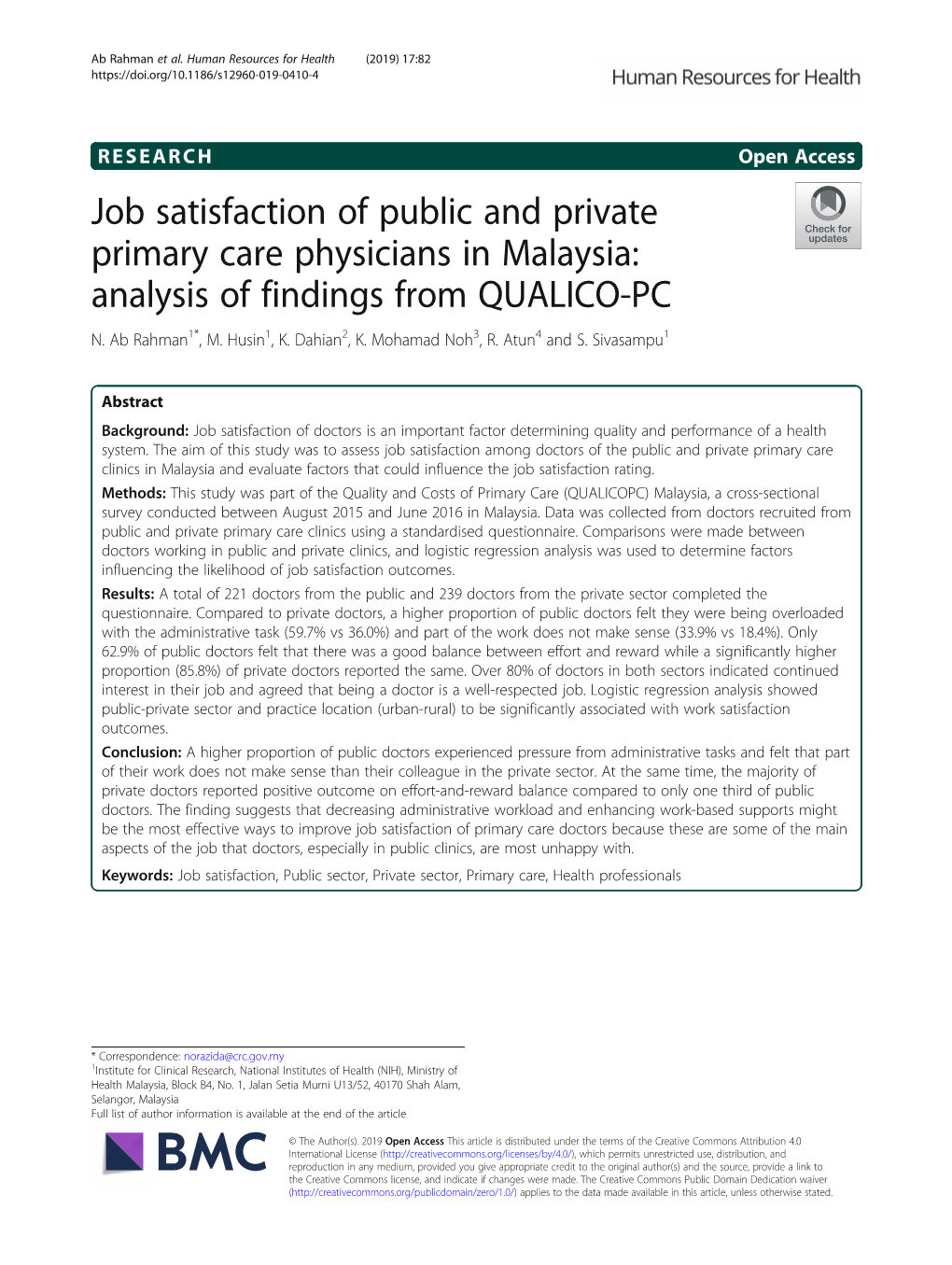 Job Satisfaction of Public and Private Primary Care Physicians in Malaysia: Analysis of Findings from QUALICO-PC N