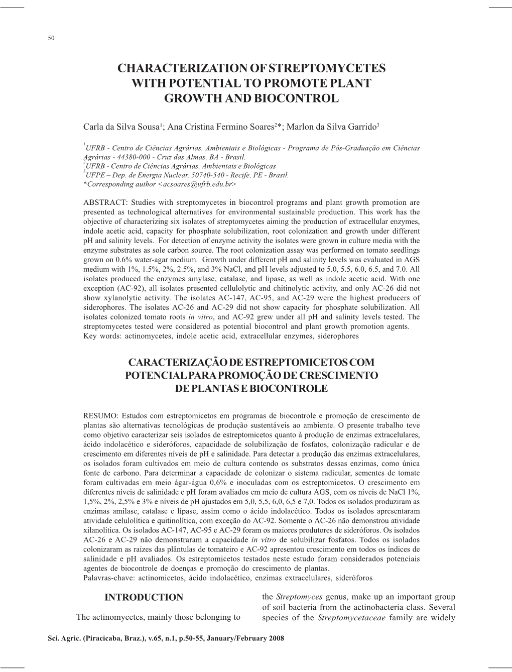 Characterization of Streptomycetes with Potential to Promote Plant Growth and Biocontrol