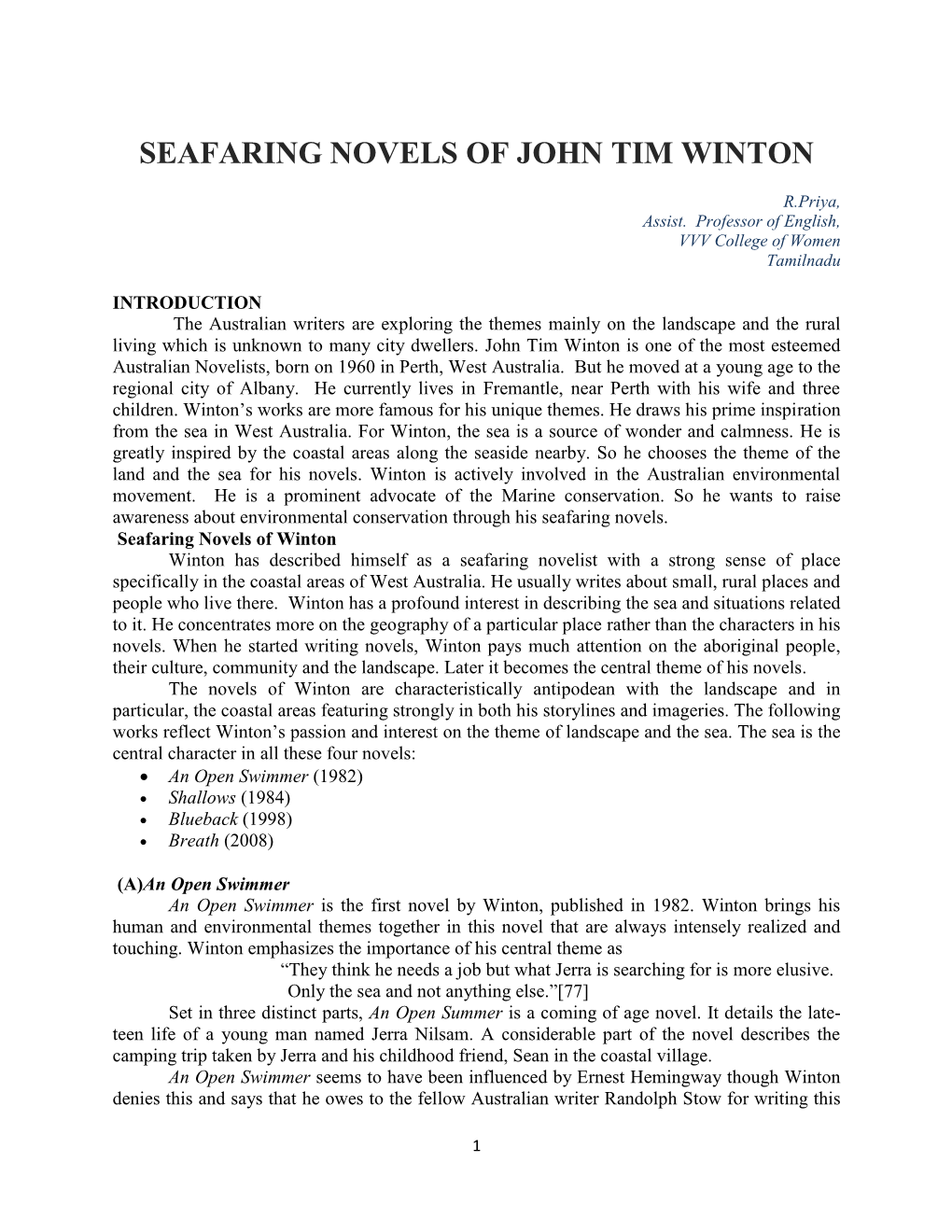 Seafaring Novels of John Tim Winton