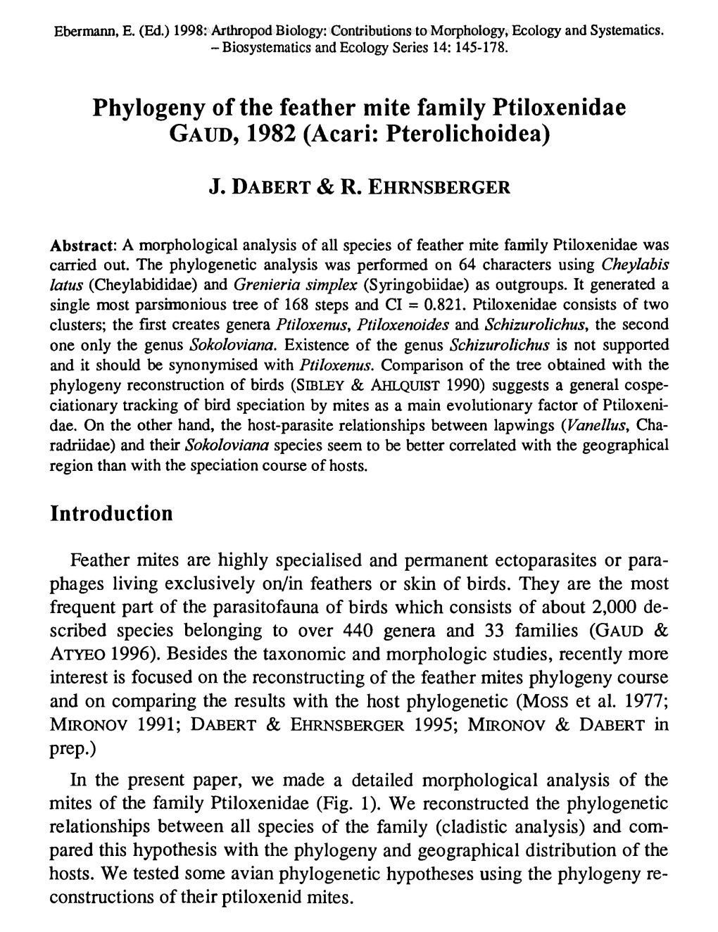Phylogeny of the Feather Mite Family Ptiloxenidae GAUD, 1982