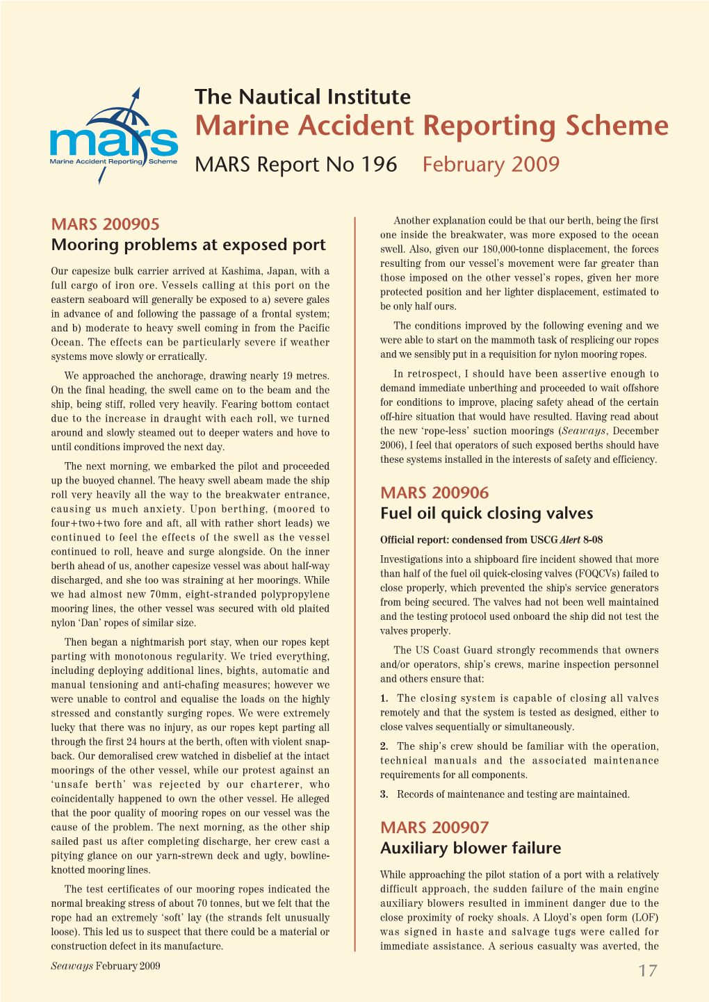 Marine Accident Reporting Scheme MARS Report No 196 February 2009