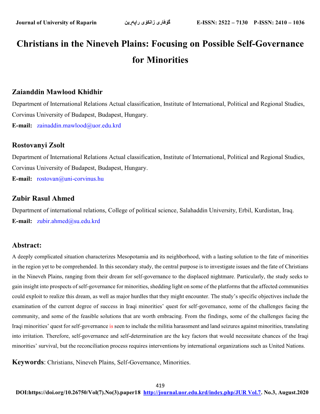 Christians in the Nineveh Plains: Focusing on Possible Self-Governance for Minorities