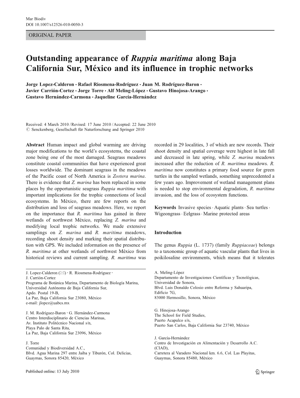 Outstanding Appearance of Ruppia Maritima Along Baja California Sur, México and Its Influence in Trophic Networks