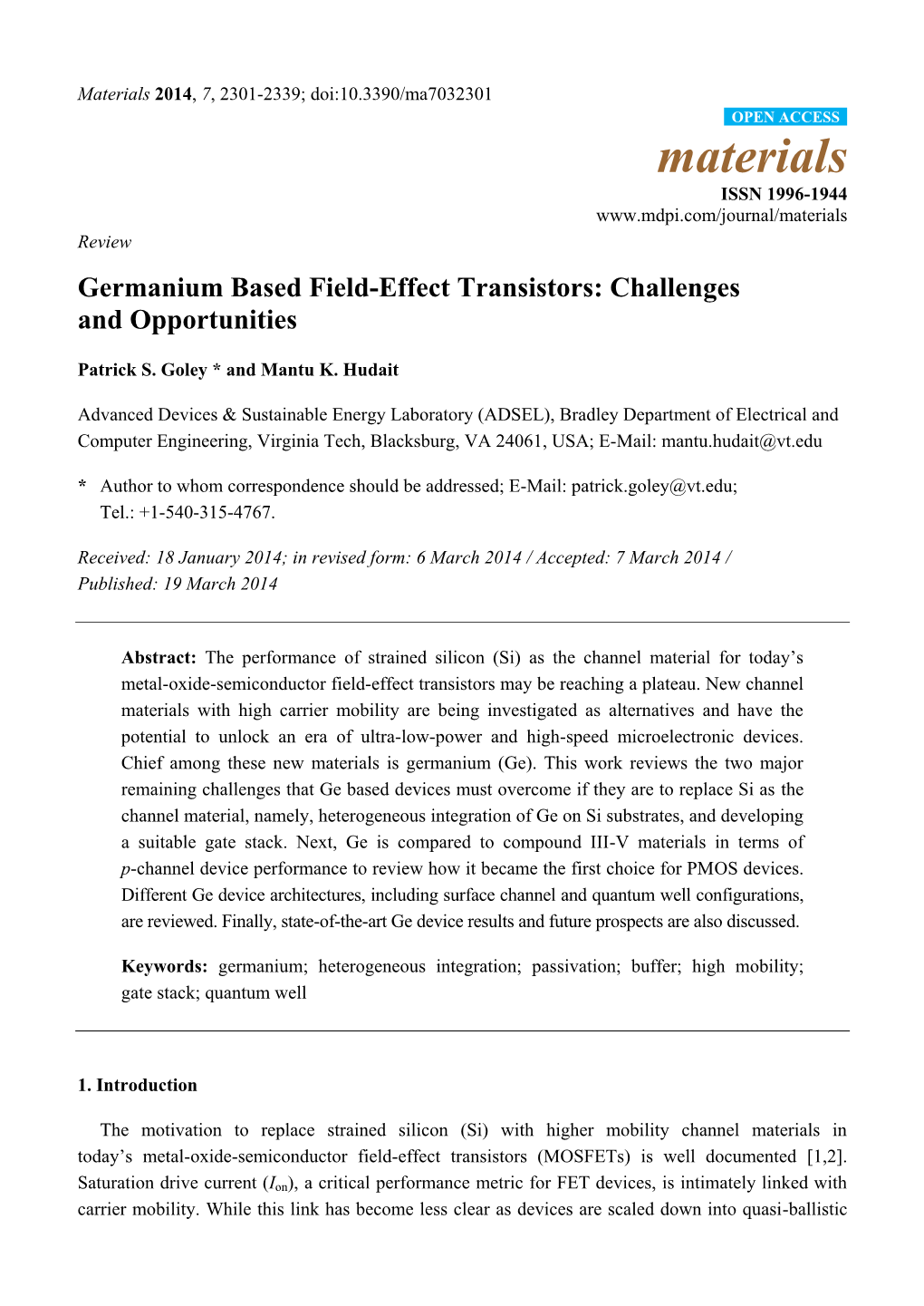 Germanium Based Field-Effect Transistors: Challenges and Opportunities