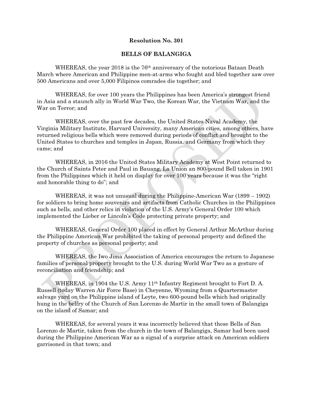 Resolution No. 301 BELLS of BALANGIGA WHEREAS, The