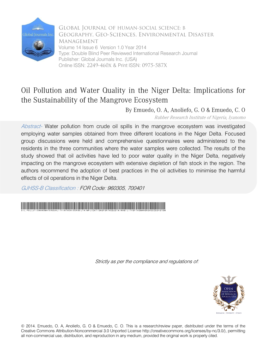 Oil Pollution and Water Quality in the Niger Delta: Implications for the Sustainability of the Mangrove Ecosystem by Emuedo, O