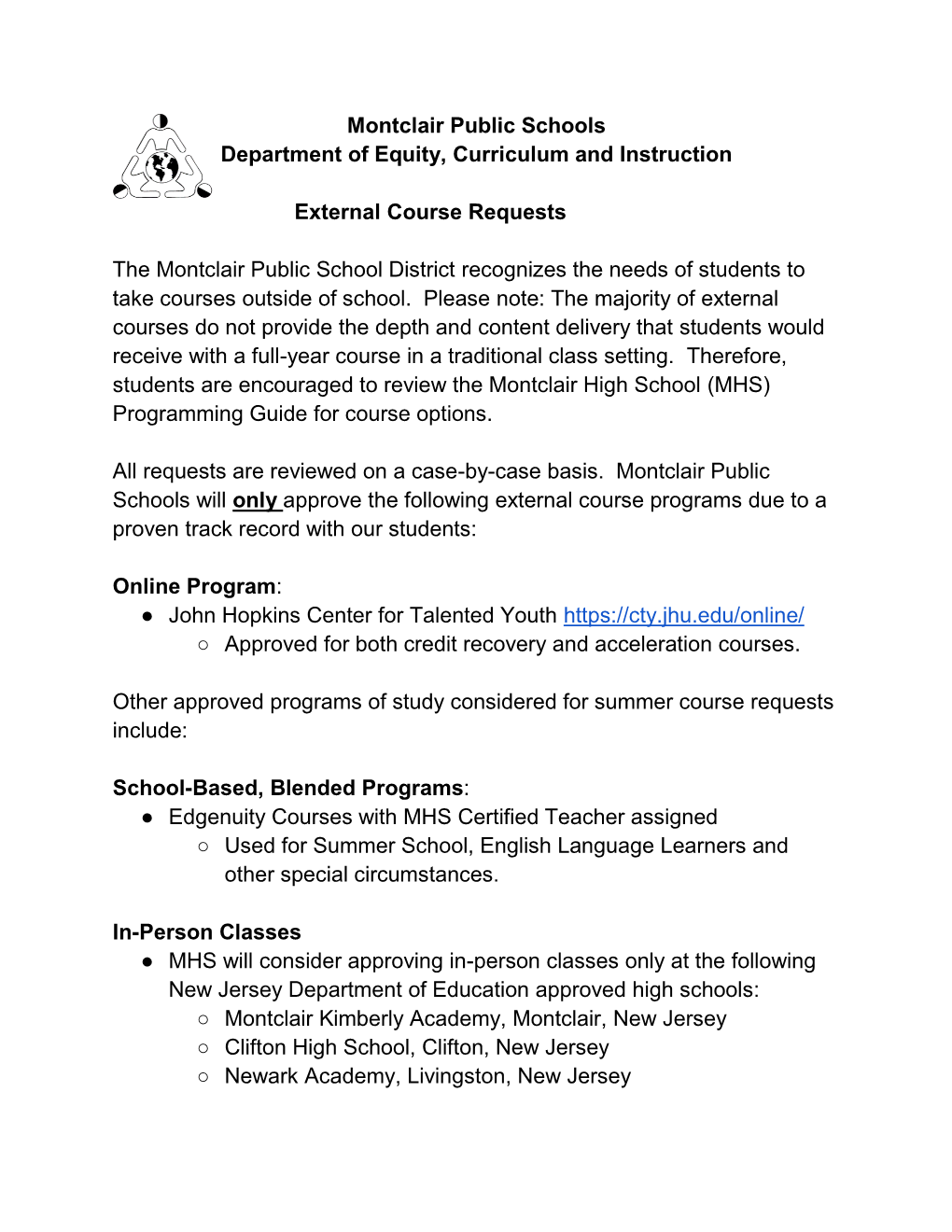 Montclair High School (MHS) Programming Guide for Course Options