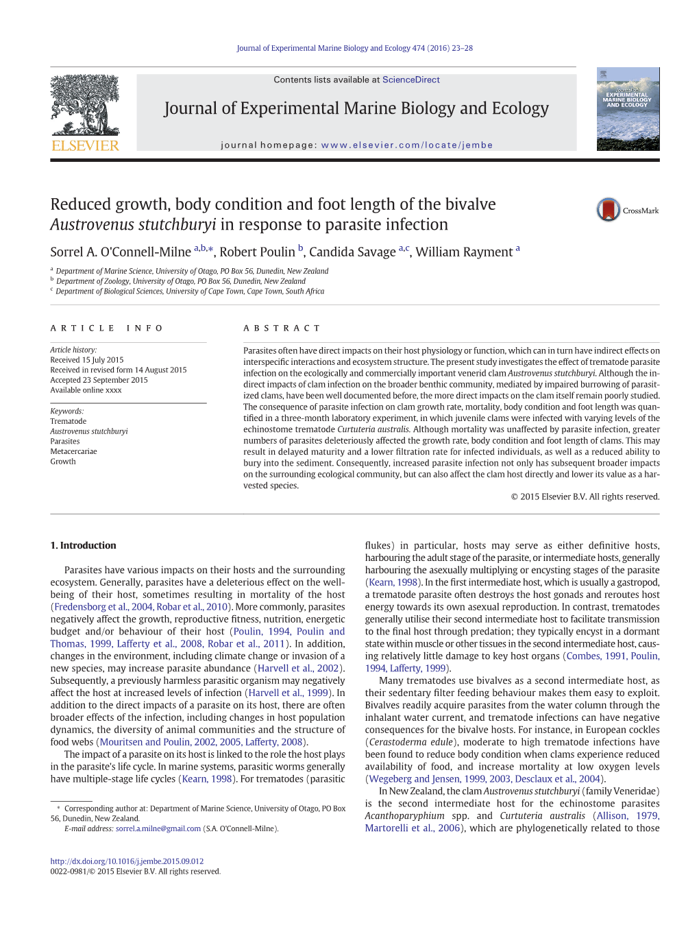 Reduced Growth, Body Condition and Foot Length of the Bivalve Austrovenus Stutchburyi in Response to Parasite Infection