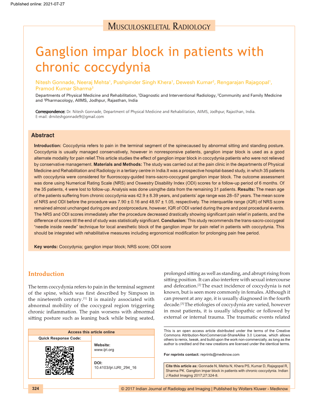 Ganglion Impar Block in Patients with Chronic Coccydynia