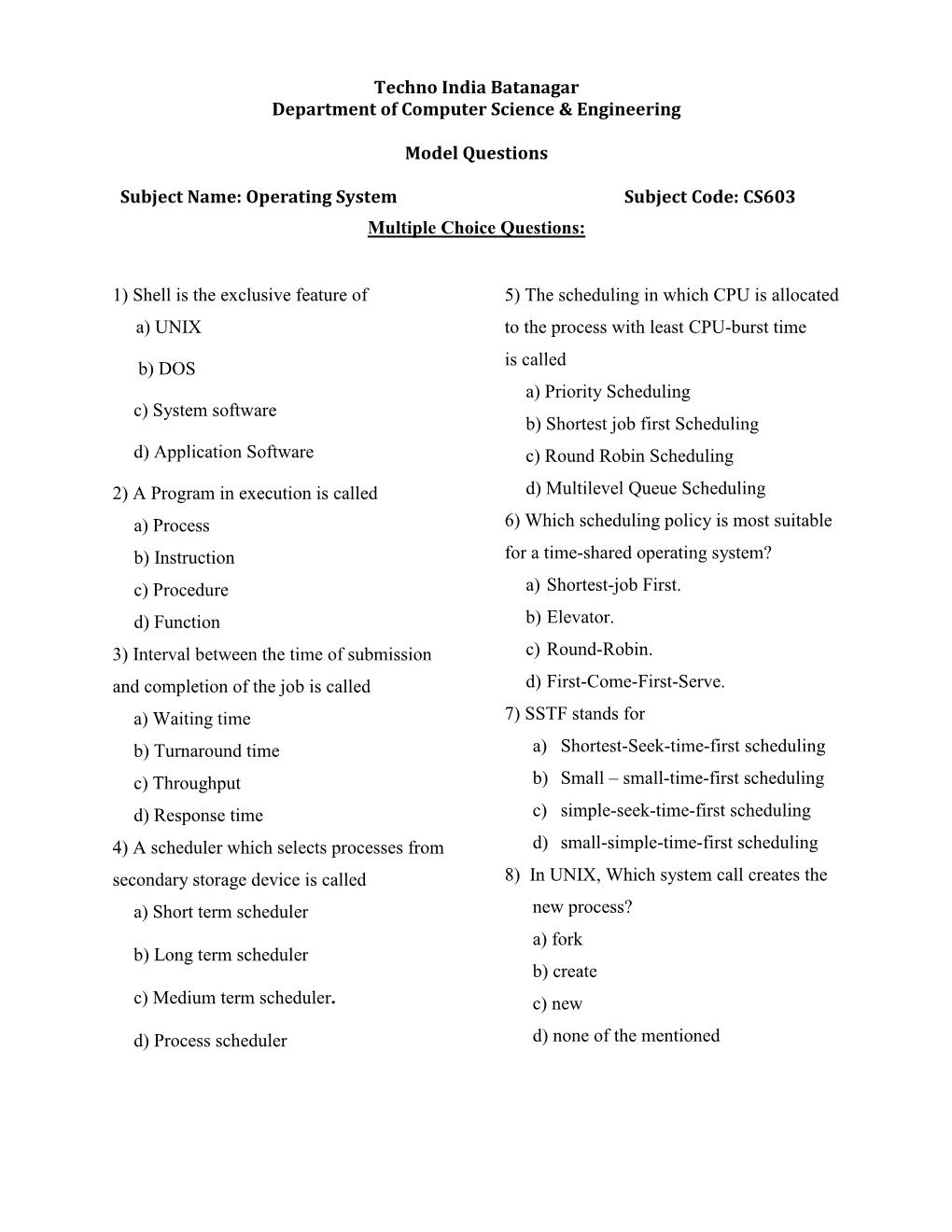 Question Bank (MCQ) Operating System CS