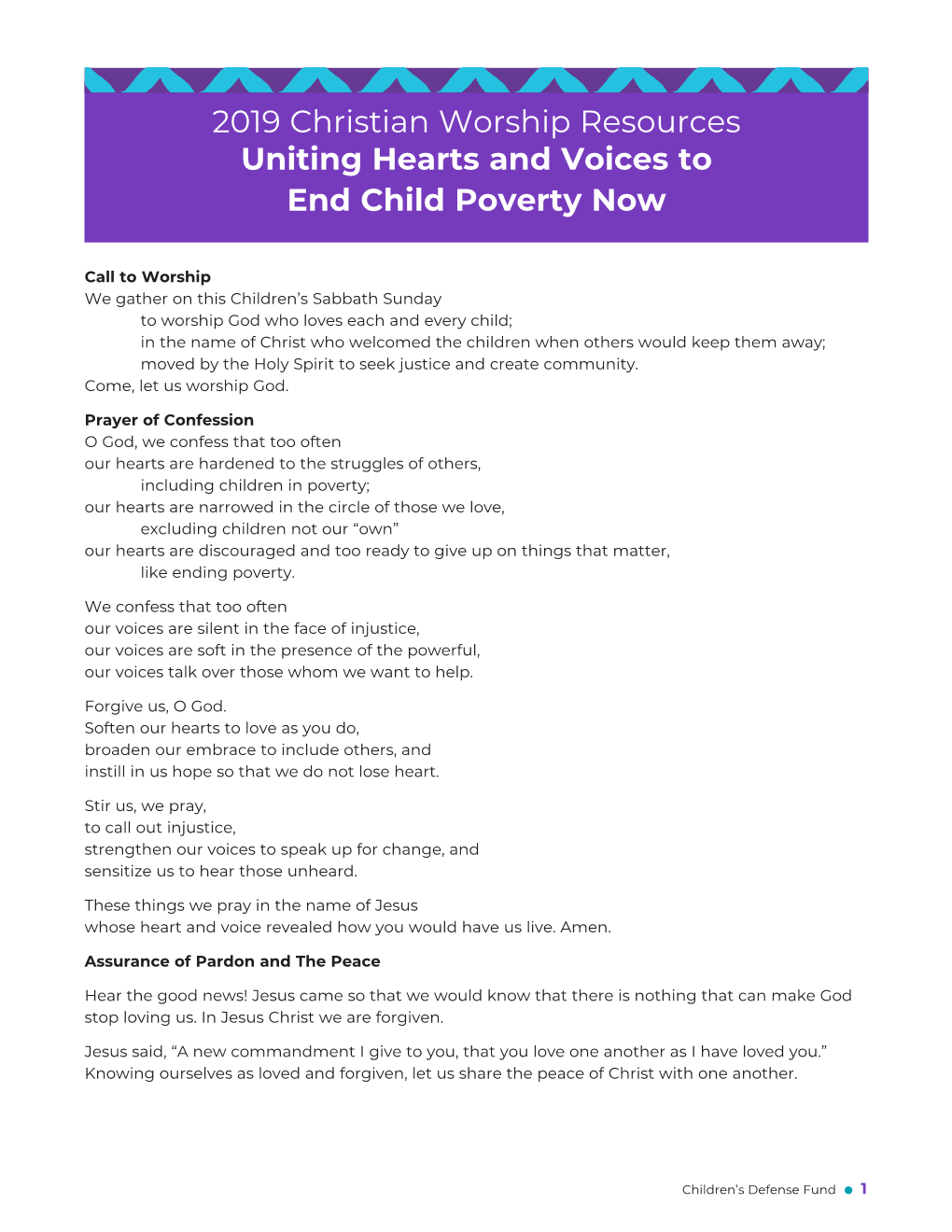 2019 Christian Worship Resources Uniting Hearts and Voices to End Child Poverty Now