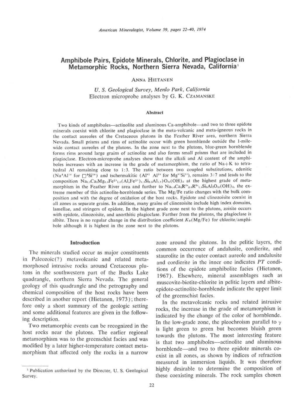 Amphibole Pairs, Epidote Minerals, Chlorite, and Plagioclase In