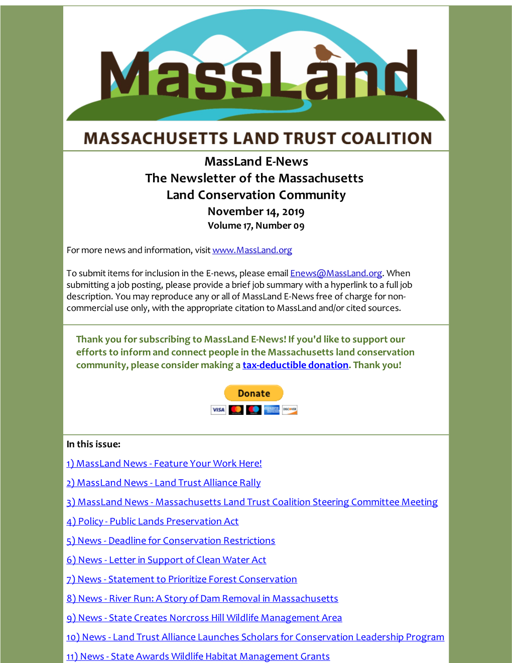 Massland E-News the Newsletter of the Massachusetts Land Conservation Community November 14, 2019 Volume 17, Number 09
