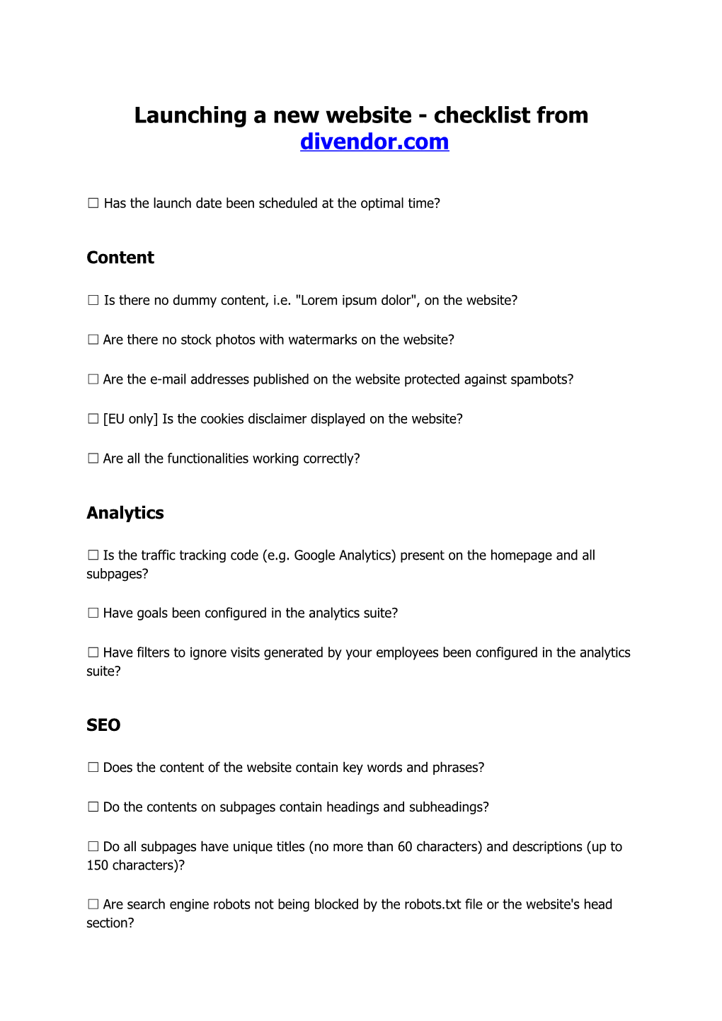 Launching a New Website - Checklist from Divendor.Com