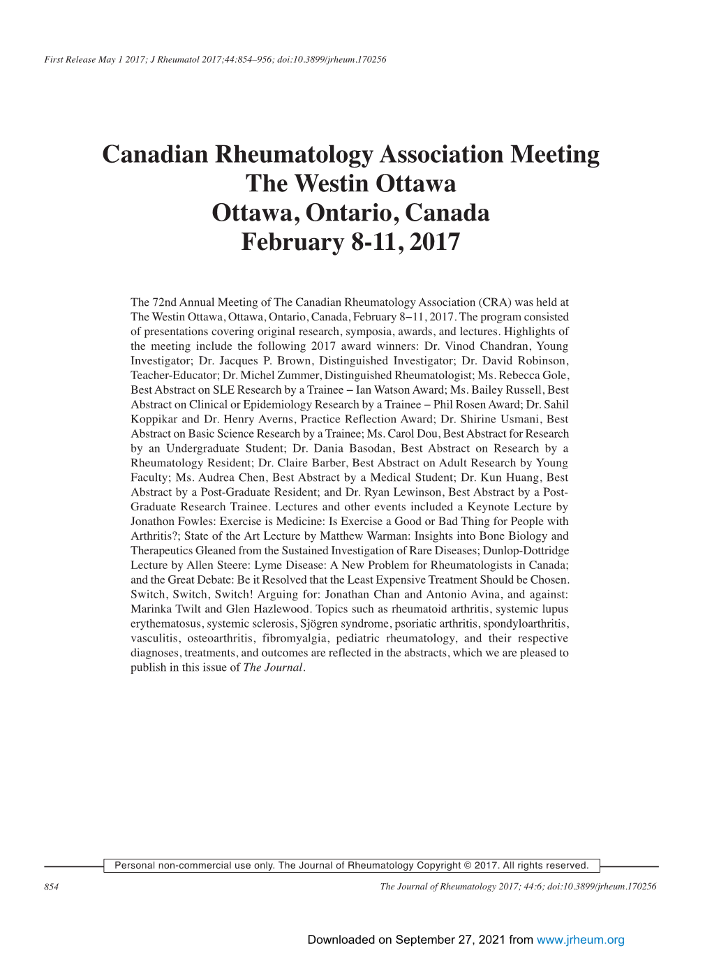 Canadian Rheumatology Association Meeting, February 8-11, 2017