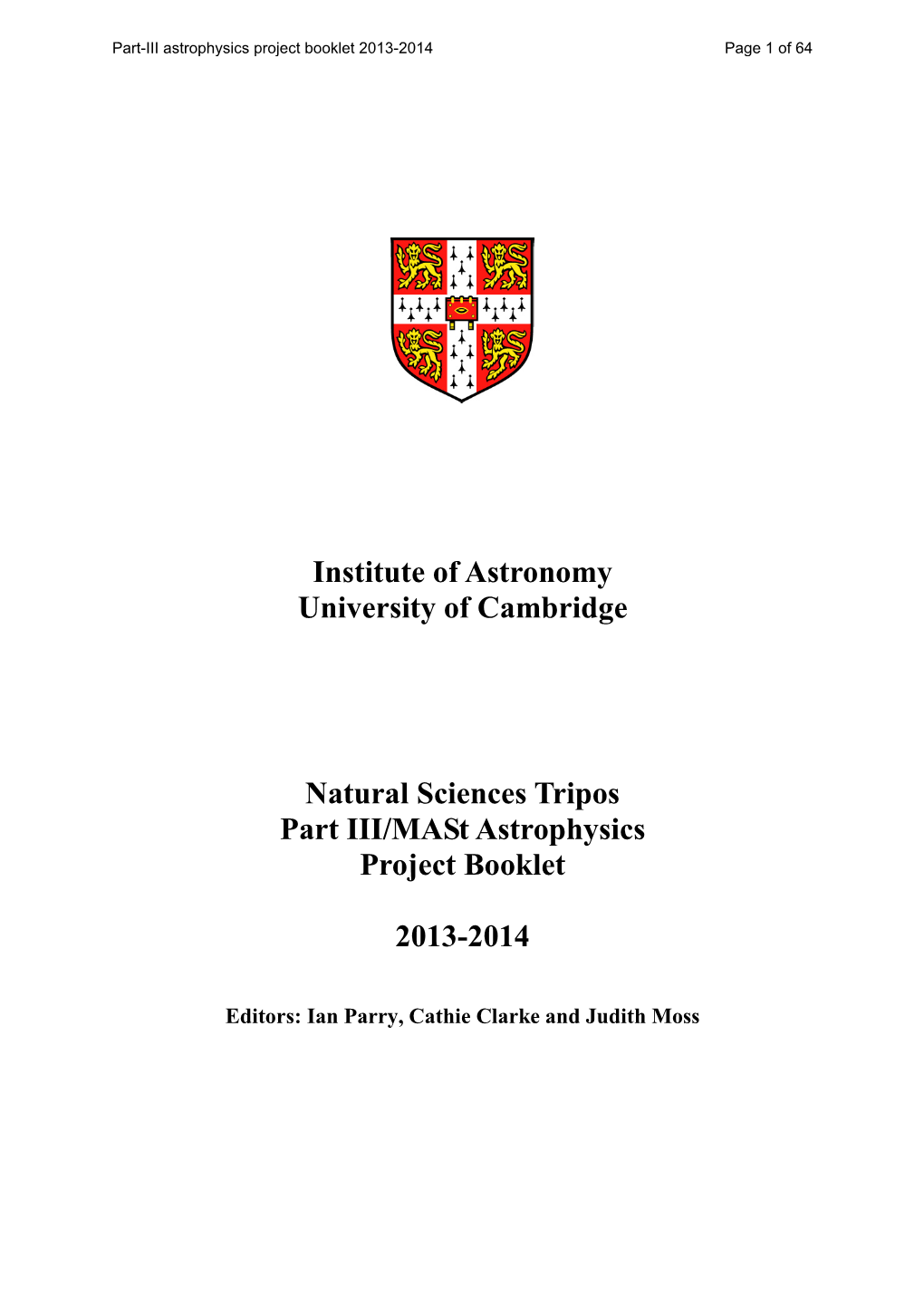 Institute of Astronomy University of Cambridge Natural Sciences Tripos Part III/Mast Astrophysics Project Booklet 2013-2014