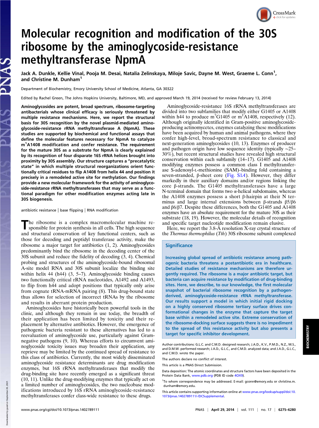 Molecular Recognition and Modification of the 30S Ribosome by the Aminoglycoside-Resistance Methyltransferase Npma