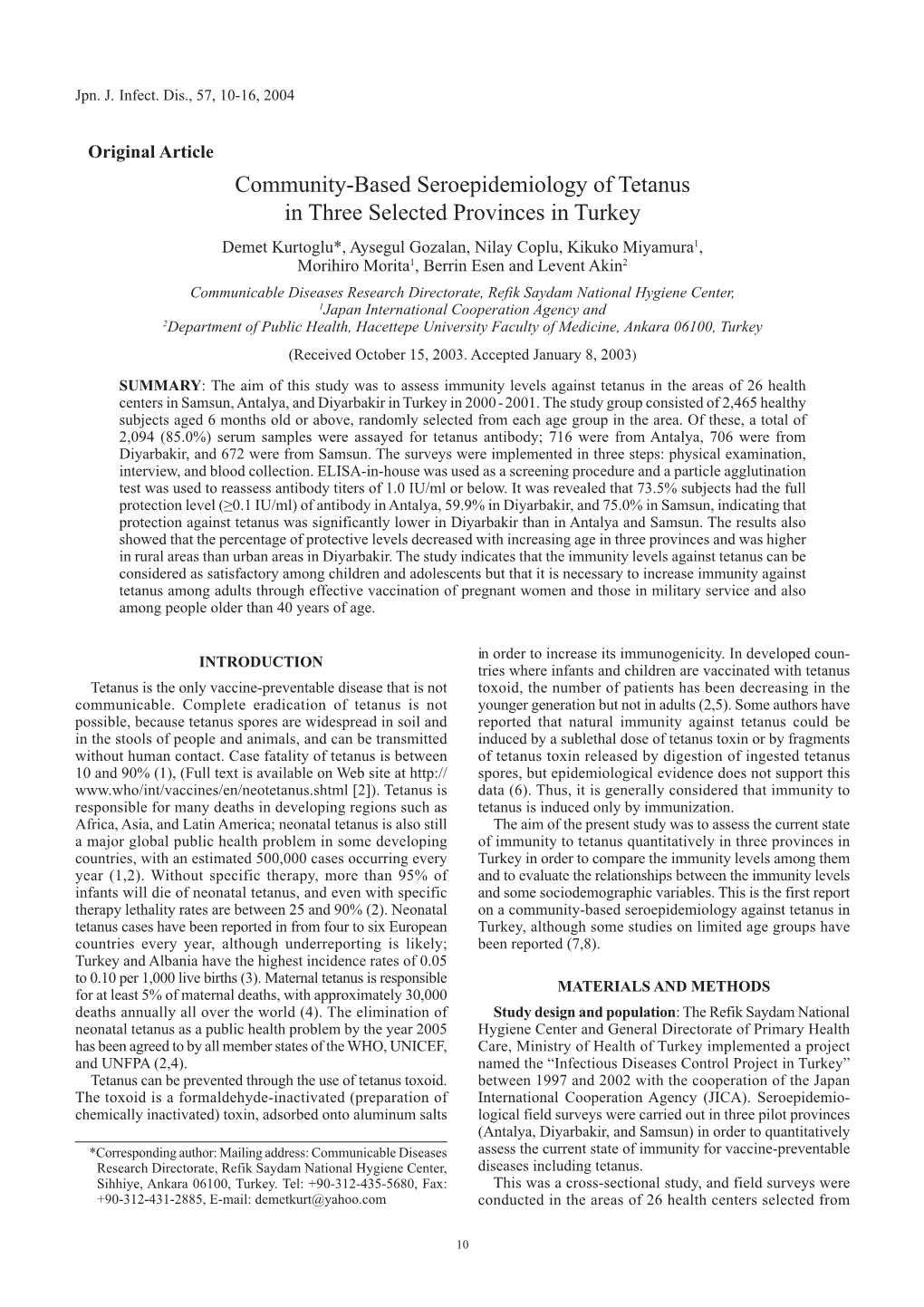 Community-Based Seroepidemiology of Tetanus in Three Selected Provinces in Turkey