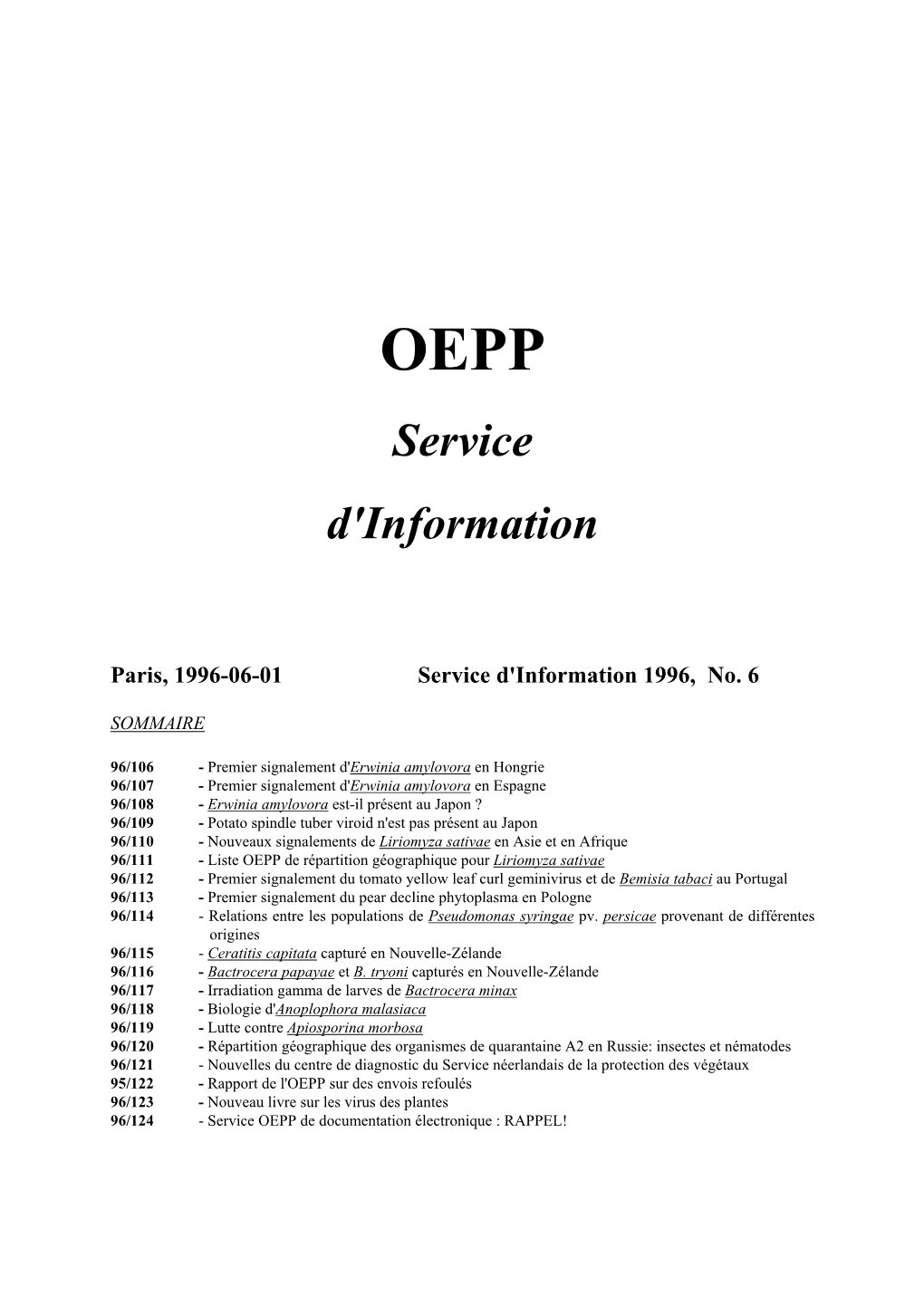 EPPO Reporting Service, No.6, June 1996