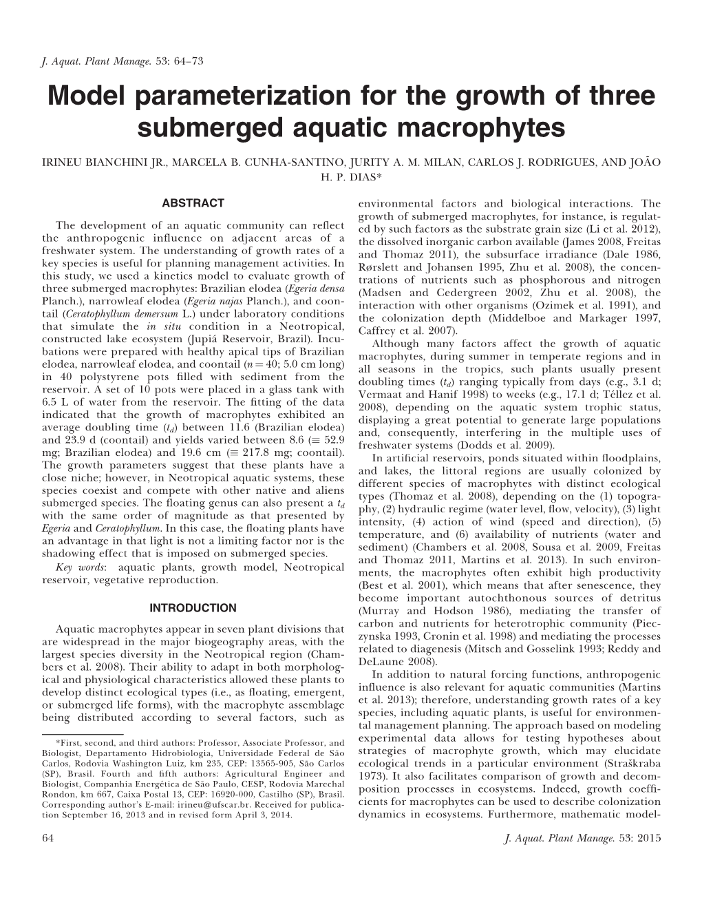 Model Parameterization for the Growth of Three Submerged Aquatic Macrophytes