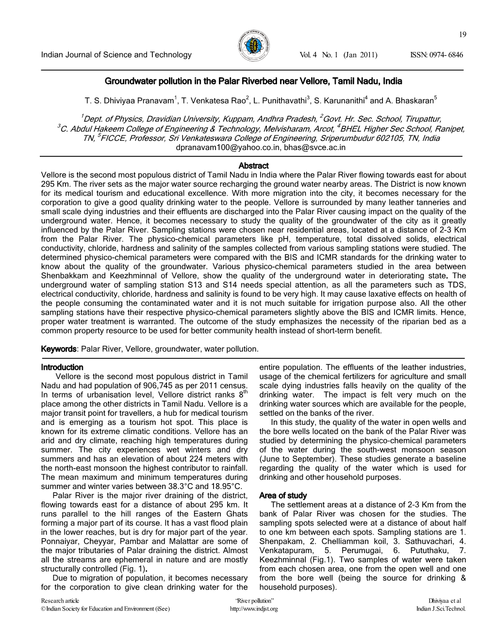 Groundwater Pollution in the Palar Riverbed Near Vellore, Tamil Nadu, India