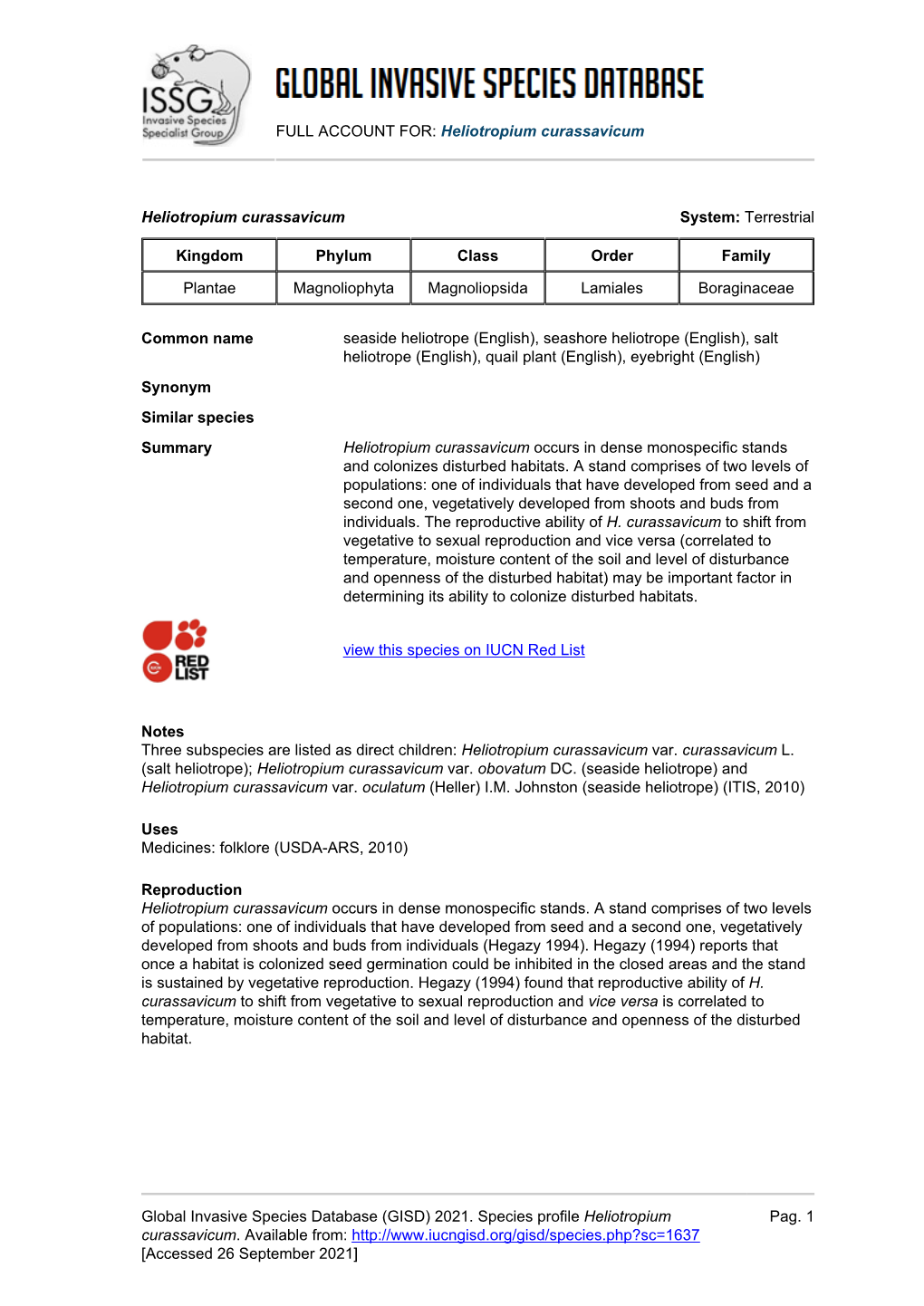 Heliotropium Curassavicum Global Invasive Species Database (GISD)