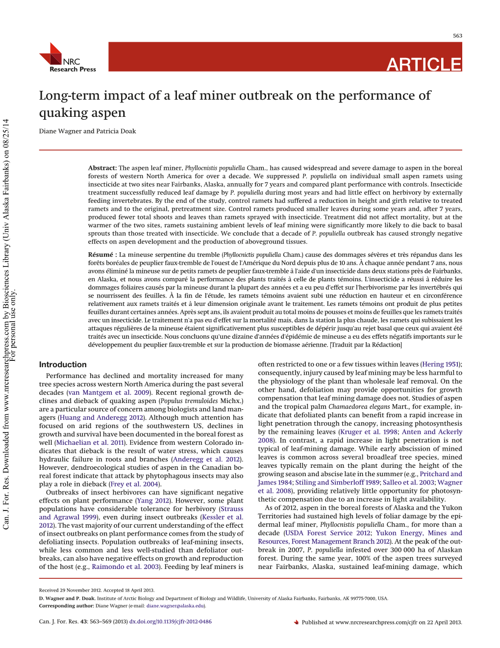 Long-Term Impact of a Leaf Miner Outbreak on the Performance of Quaking Aspen